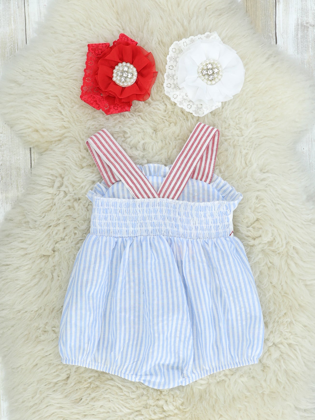 Blue Pinstriped Baseball Bubble Romper - Marie Nicole Clothing