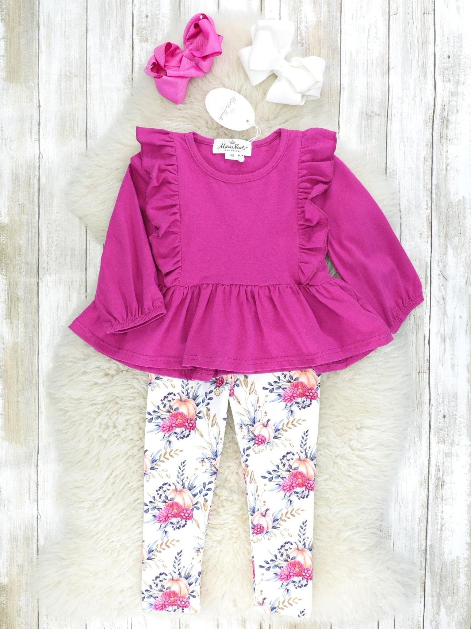 Dark Magenta Floral Pumpkin Ruffle Outfit - Marie Nicole Clothing