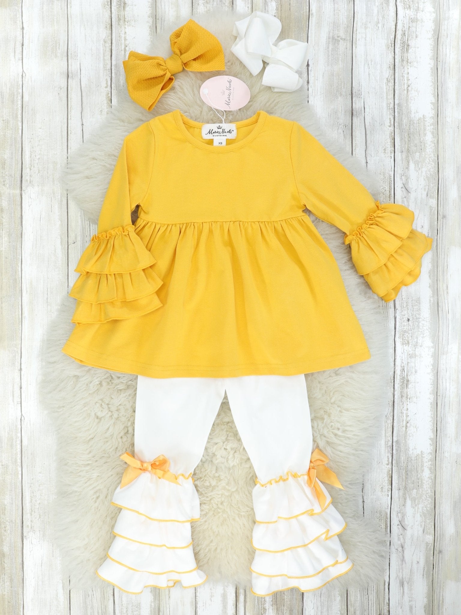 Mustard Ruffle Sleeve Peplum Top & White Bottoms Outfit - Marie Nicole Clothing