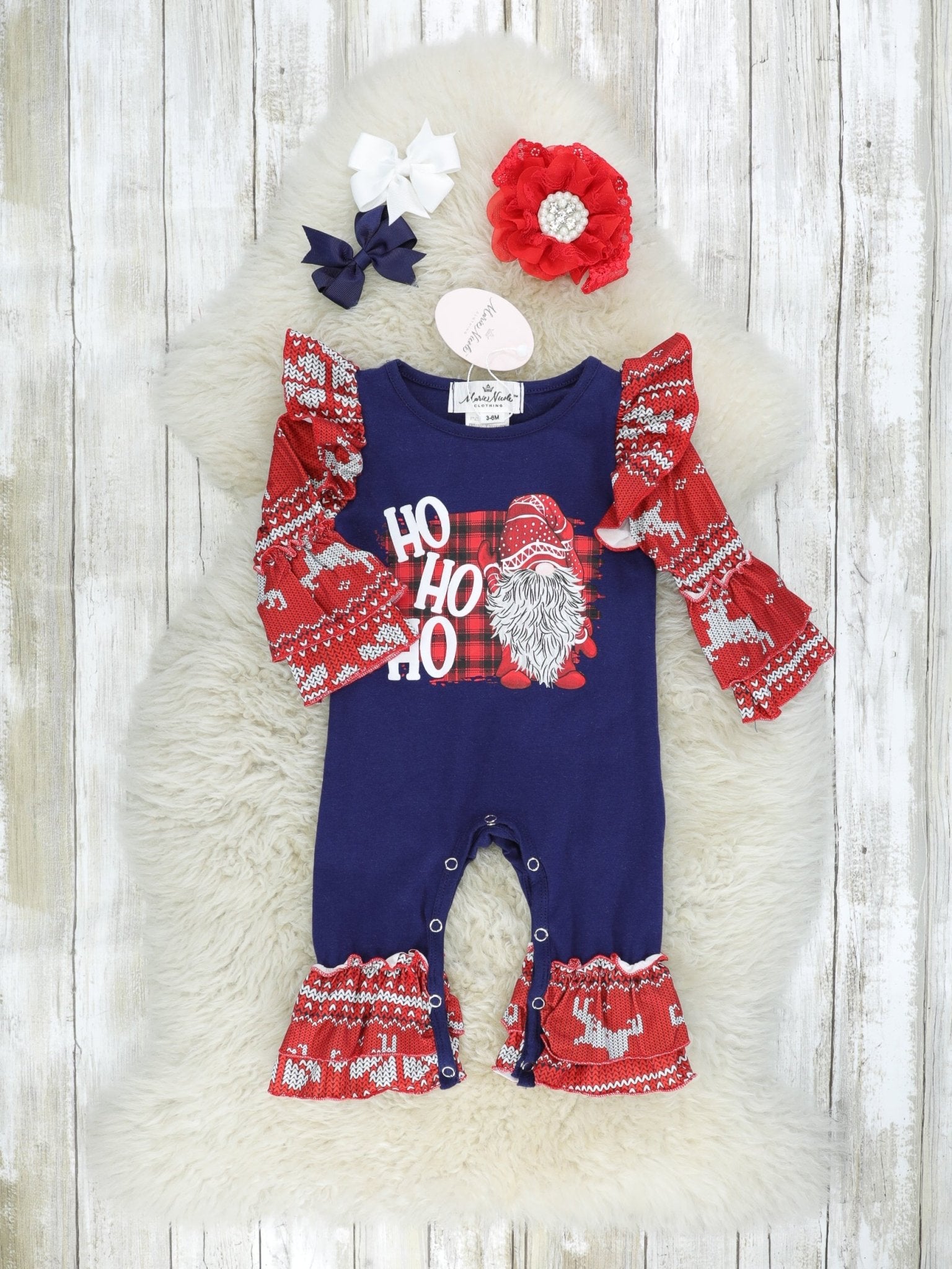 Navy "HO HO HO" Ruffle Raglan Romper - Marie Nicole Clothing