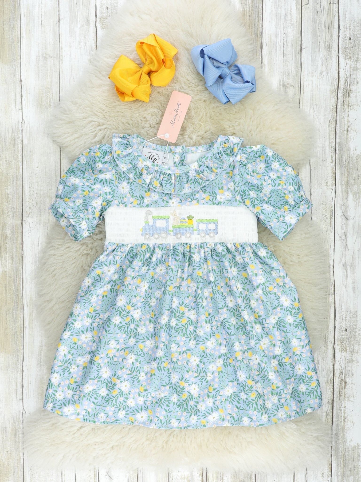 Floral Smocked Bunny Train Ruffle Dress - Marie Nicole Clothing