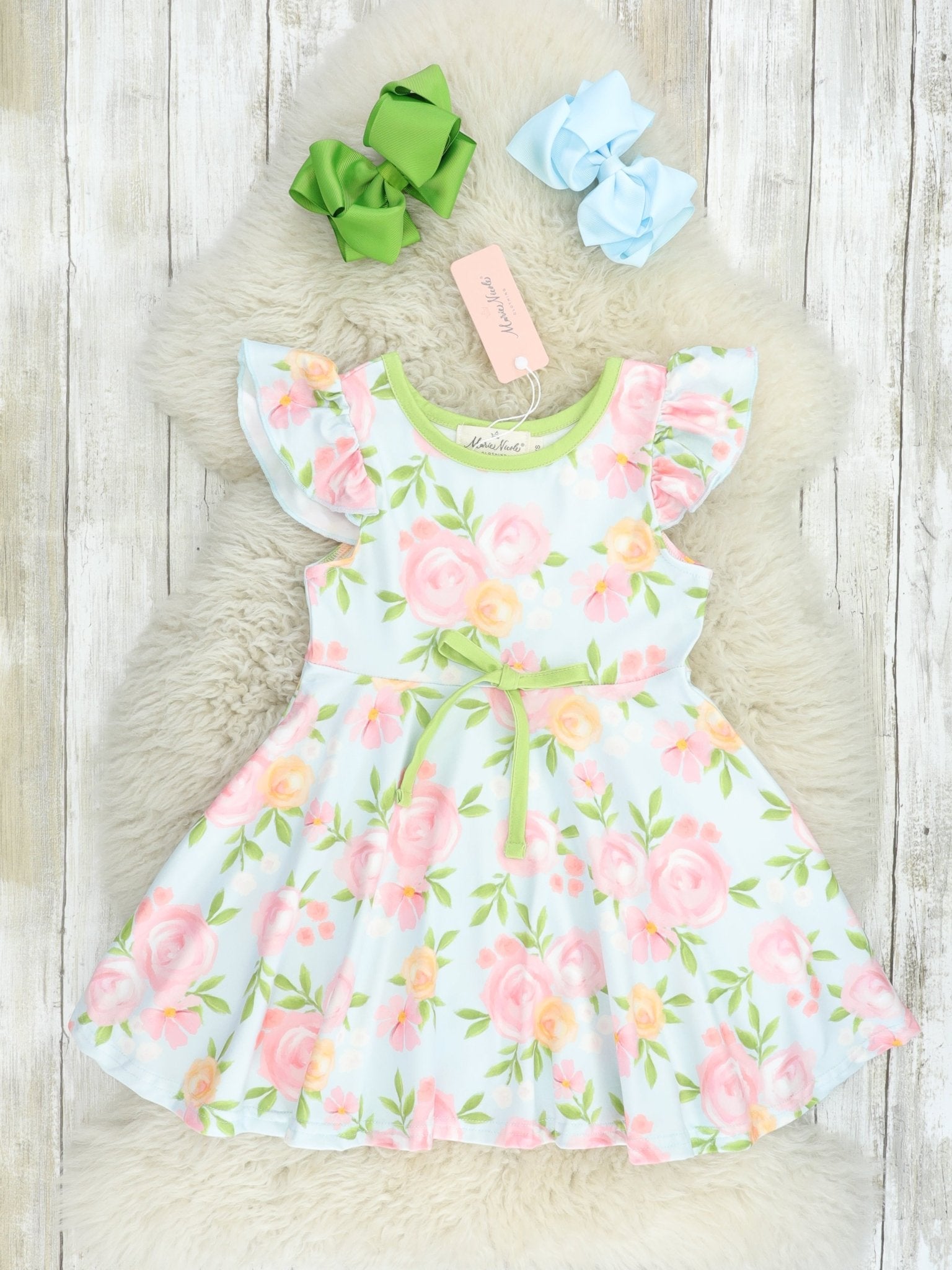Peach Rose Flutter Sleeve Swing Dress - Marie Nicole Clothing