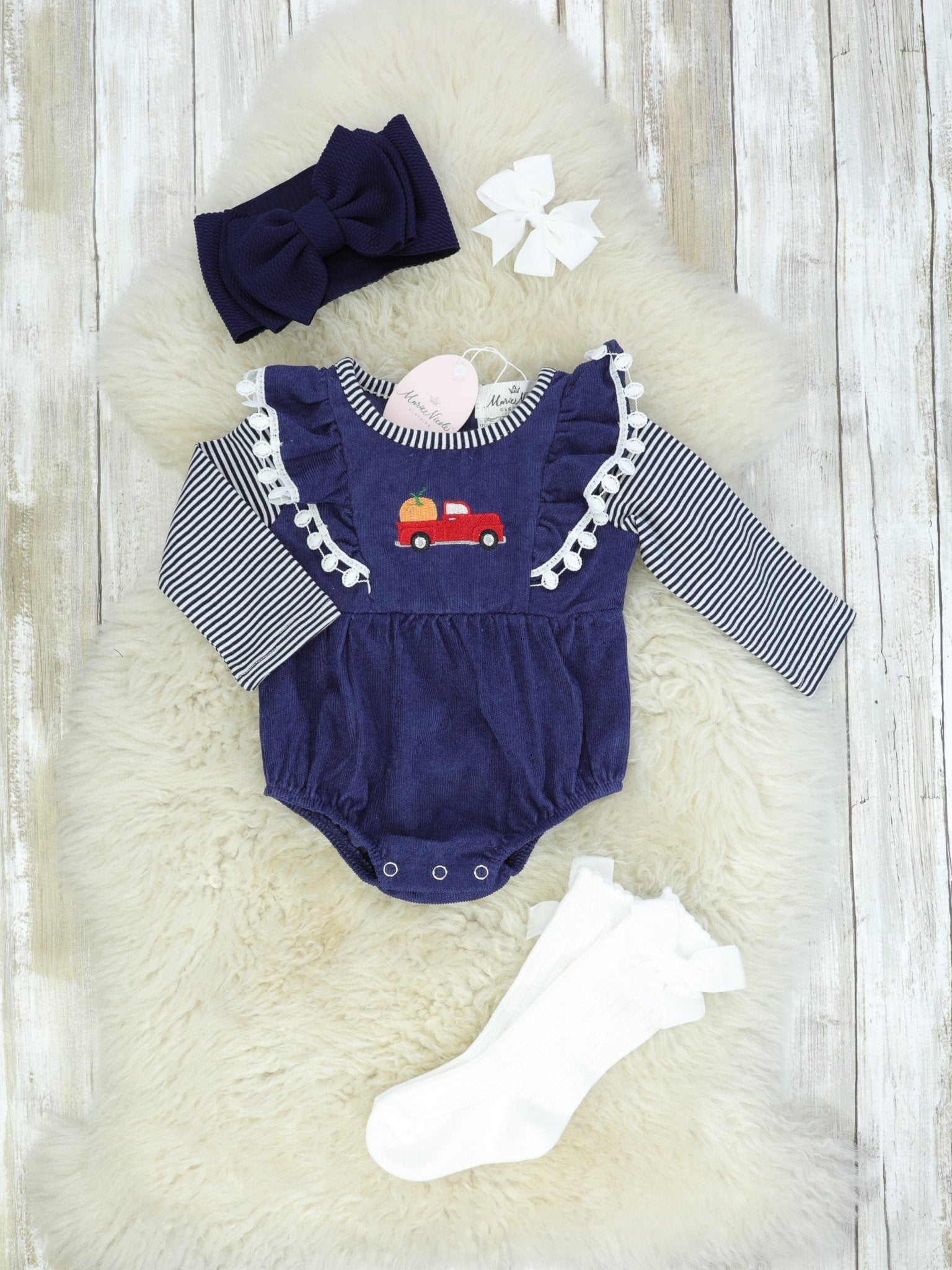 Navy & White Pom Pom Truck Romper - Marie Nicole Clothing