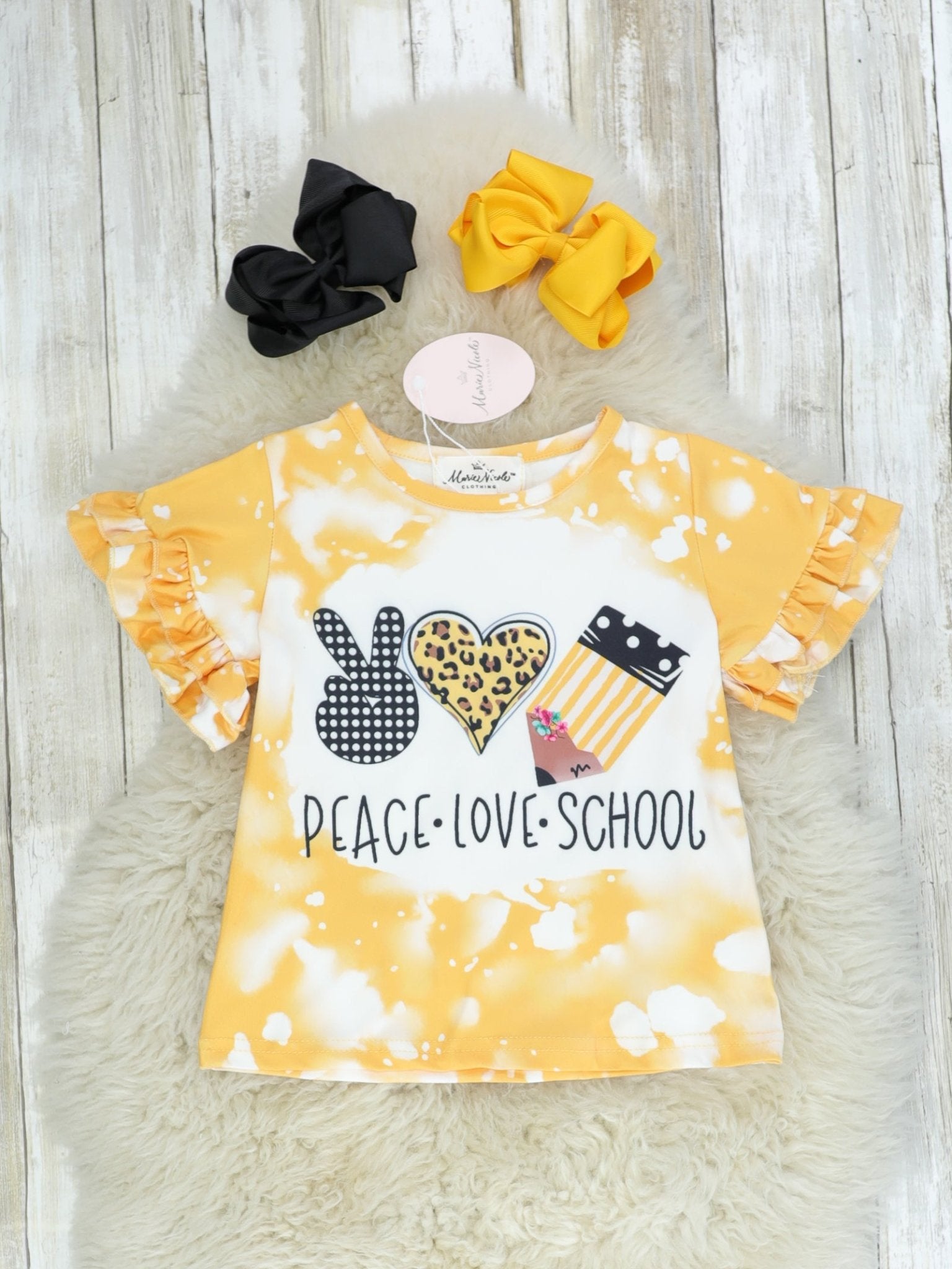 "Peace, Love, School" Ruffle Top - Marie Nicole Clothing