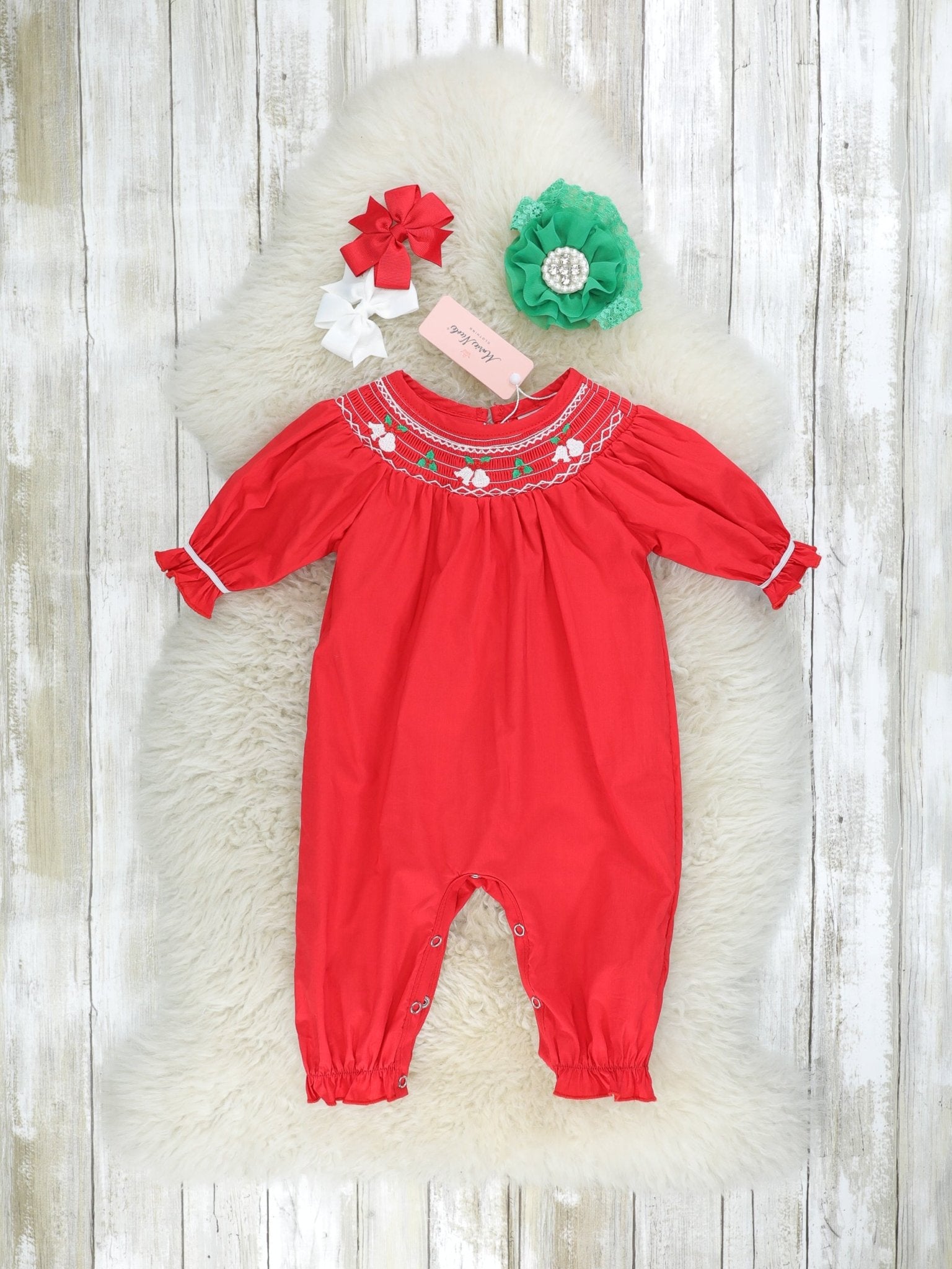 Red Smocked Bell Romper - Marie Nicole Clothing