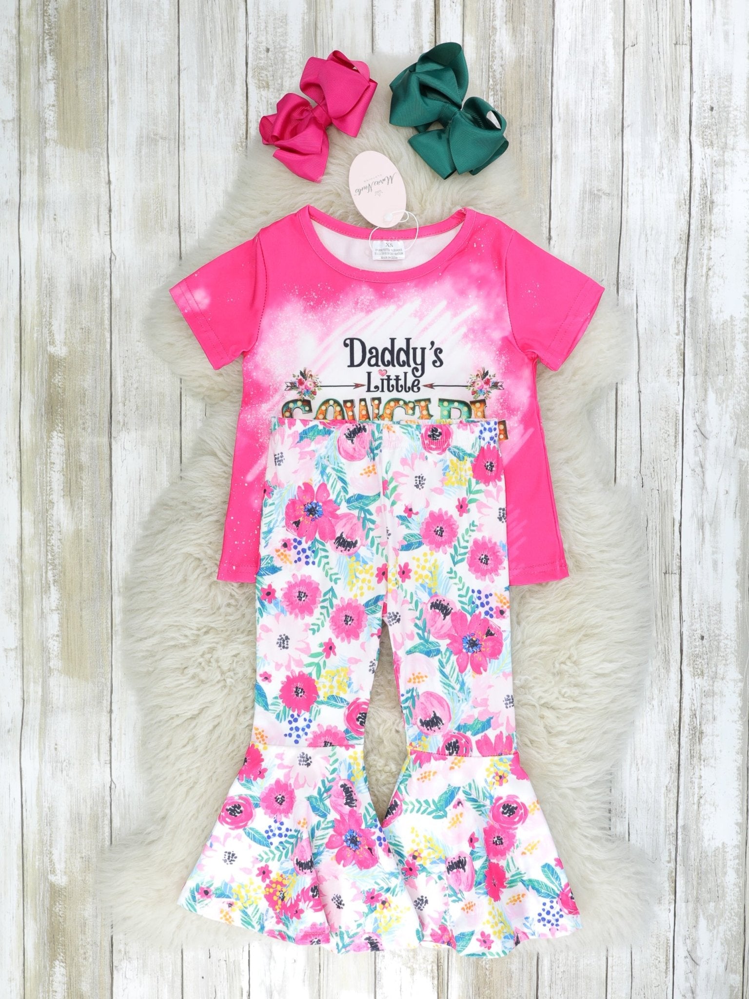Hot Pink "Daddy's Little Cowgirl" Floral Bell Bottom Outfit - Marie Nicole Clothing
