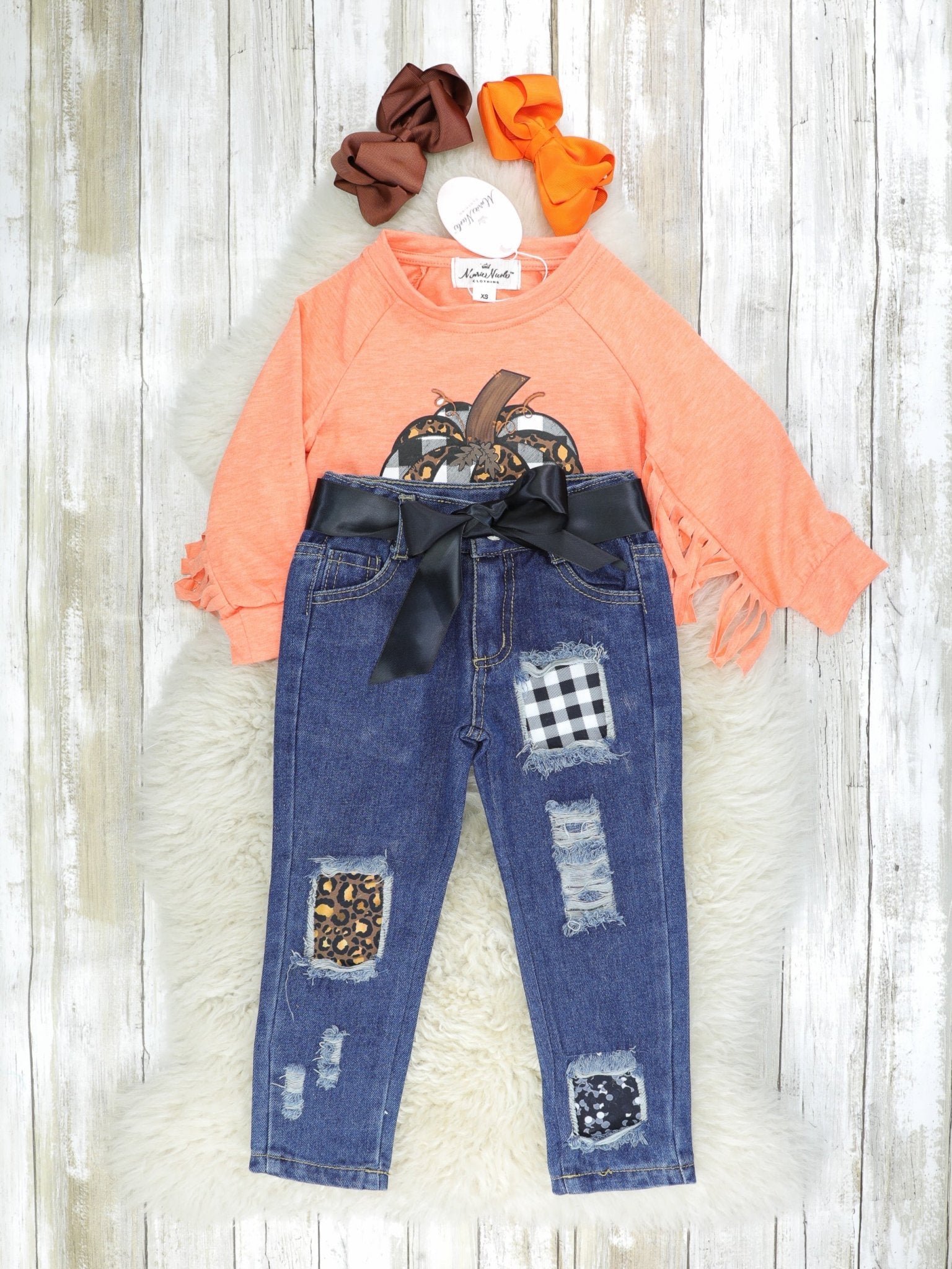 Orange Fringe Pumpkin Denim Outfit - Marie Nicole Clothing
