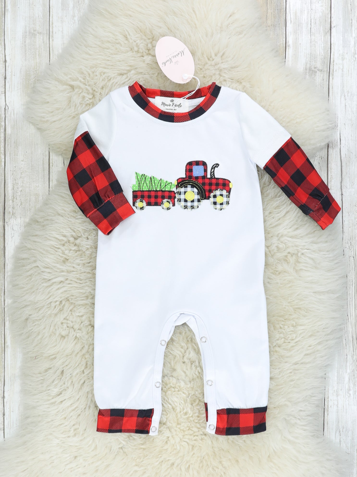 Buffalo Plaid Christmas Tree Tractor Romper - Marie Nicole Clothing