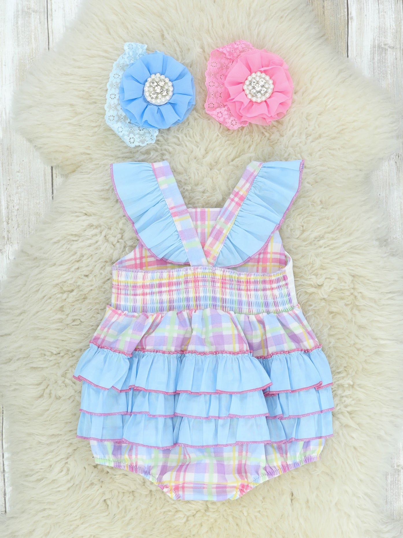 Plaid Pastel Smocked Bunnies Bubble Romper - Marie Nicole Clothing