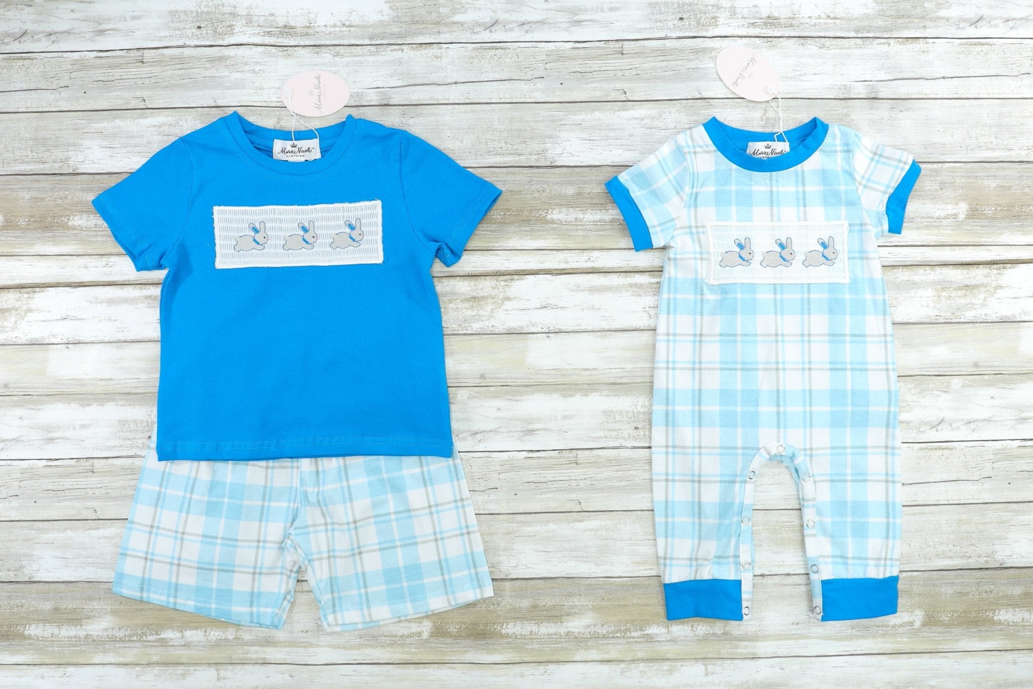 Blue Smocked Easter Bunny Ruffle Romper - Marie Nicole Clothing