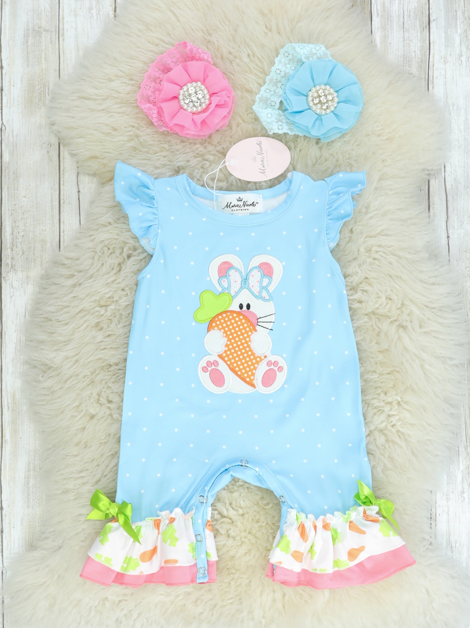Flutter Sleeve Bunny Carrot Ruffle Romper - Marie Nicole Clothing