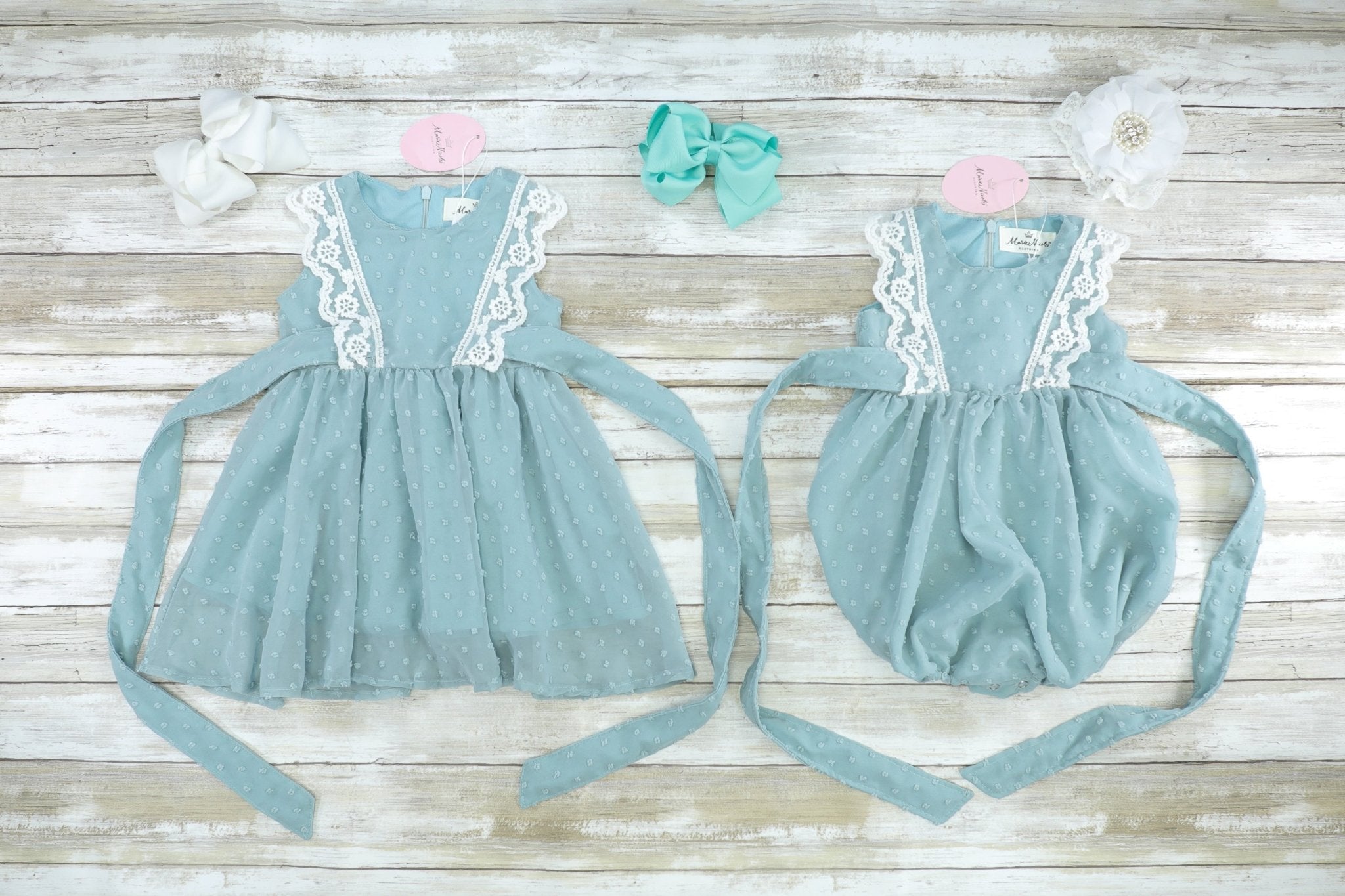 Ash Blue Lace Swiss Dot Dress - Marie Nicole Clothing