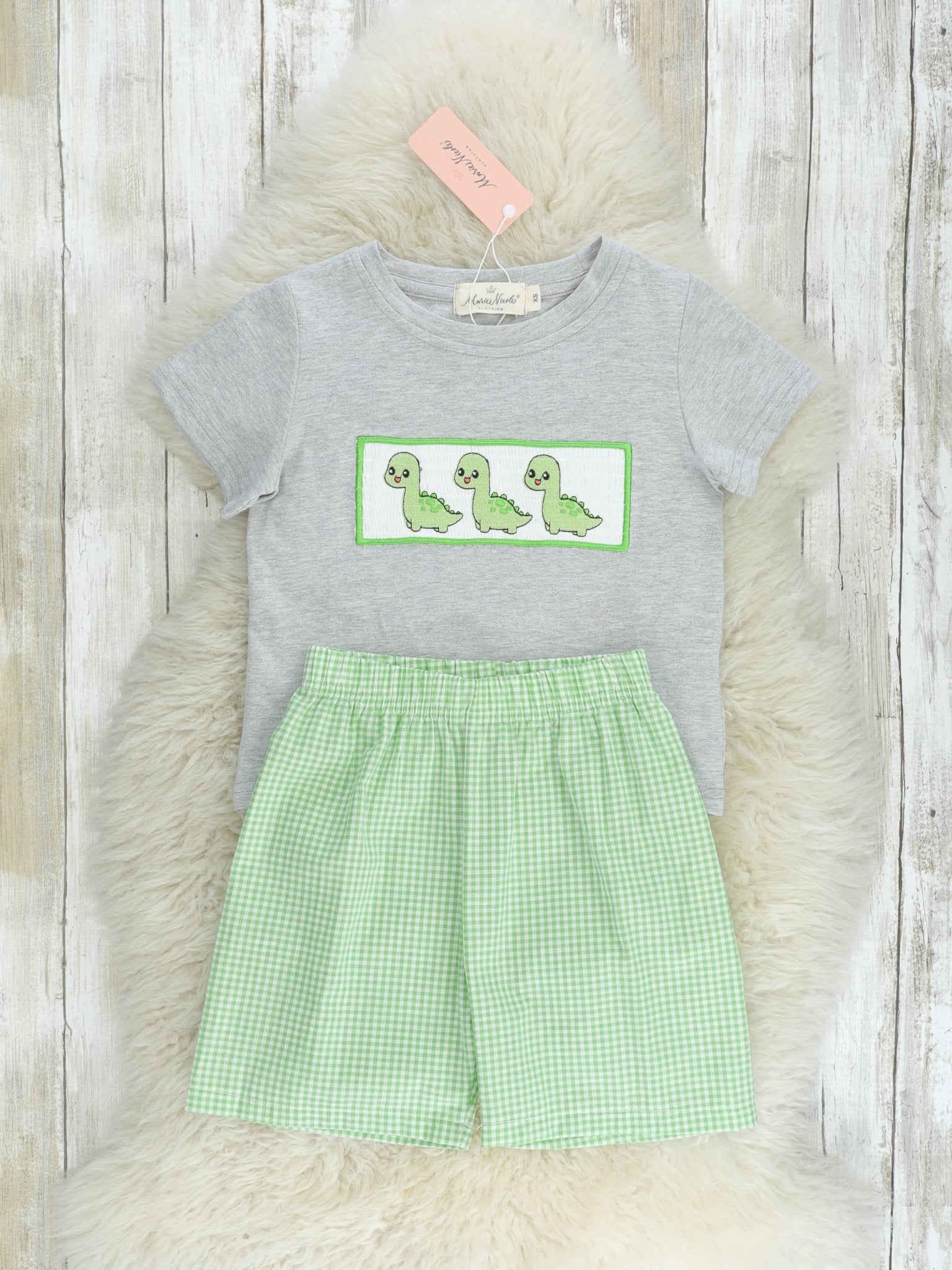 Green Smocked Dinosaur Outfit - Marie Nicole Clothing