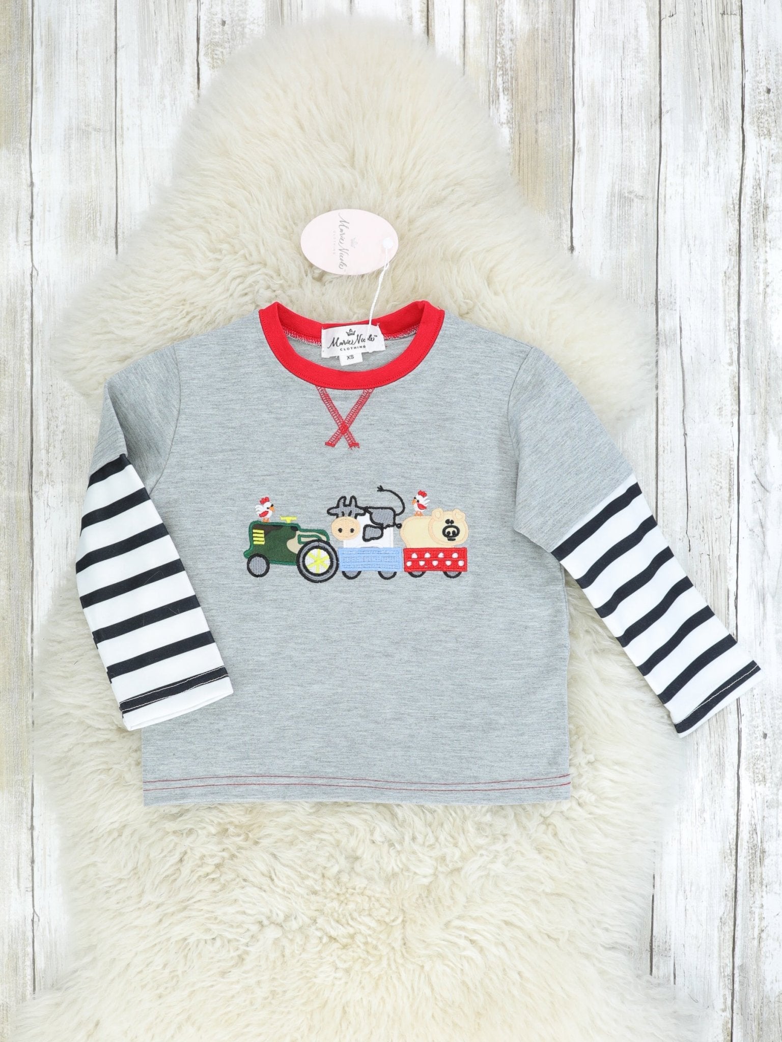Farm Animals On A Tractor Striped Shirt - Marie Nicole Clothing