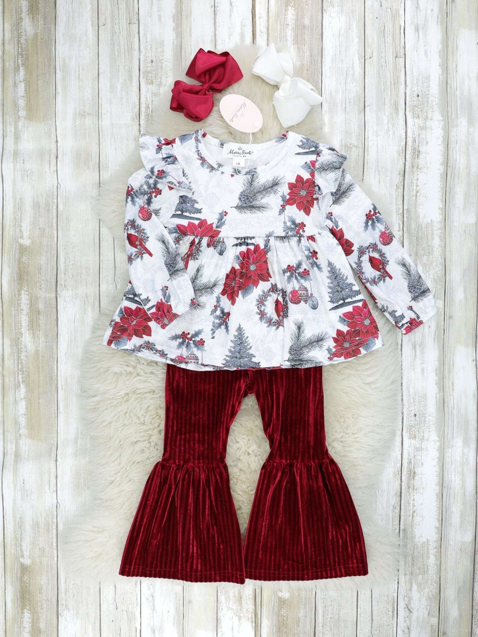 Poinsettia Peplum Top & Velvet Bell Bottoms Outfit - Marie Nicole Clothing