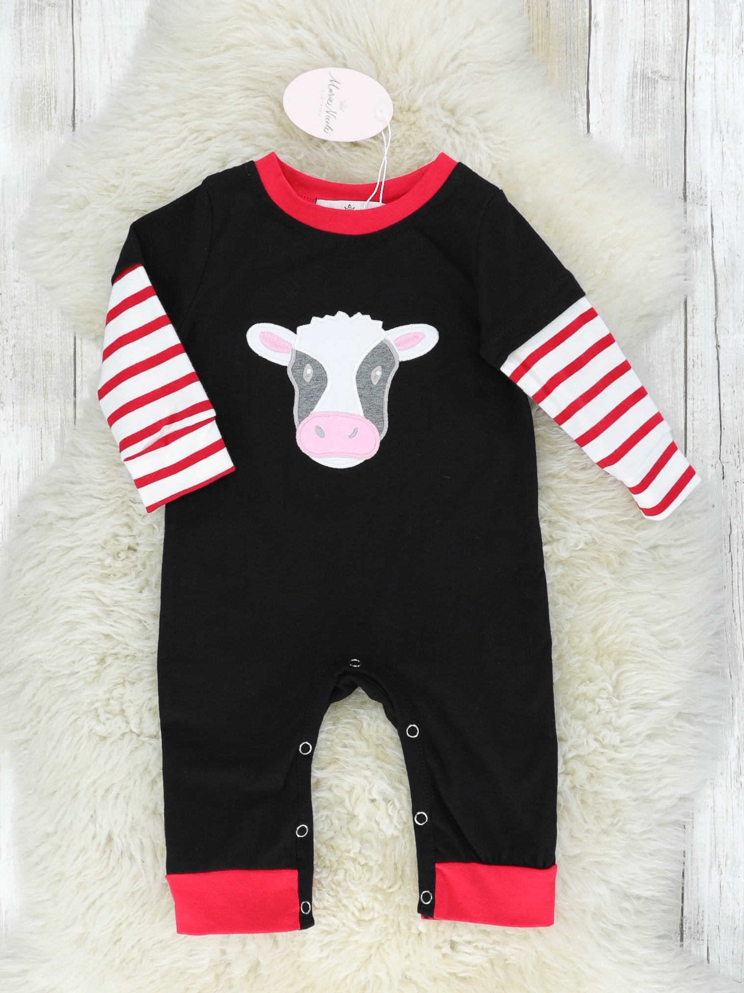 Black & Red Striped Cow Romper - Marie Nicole Clothing