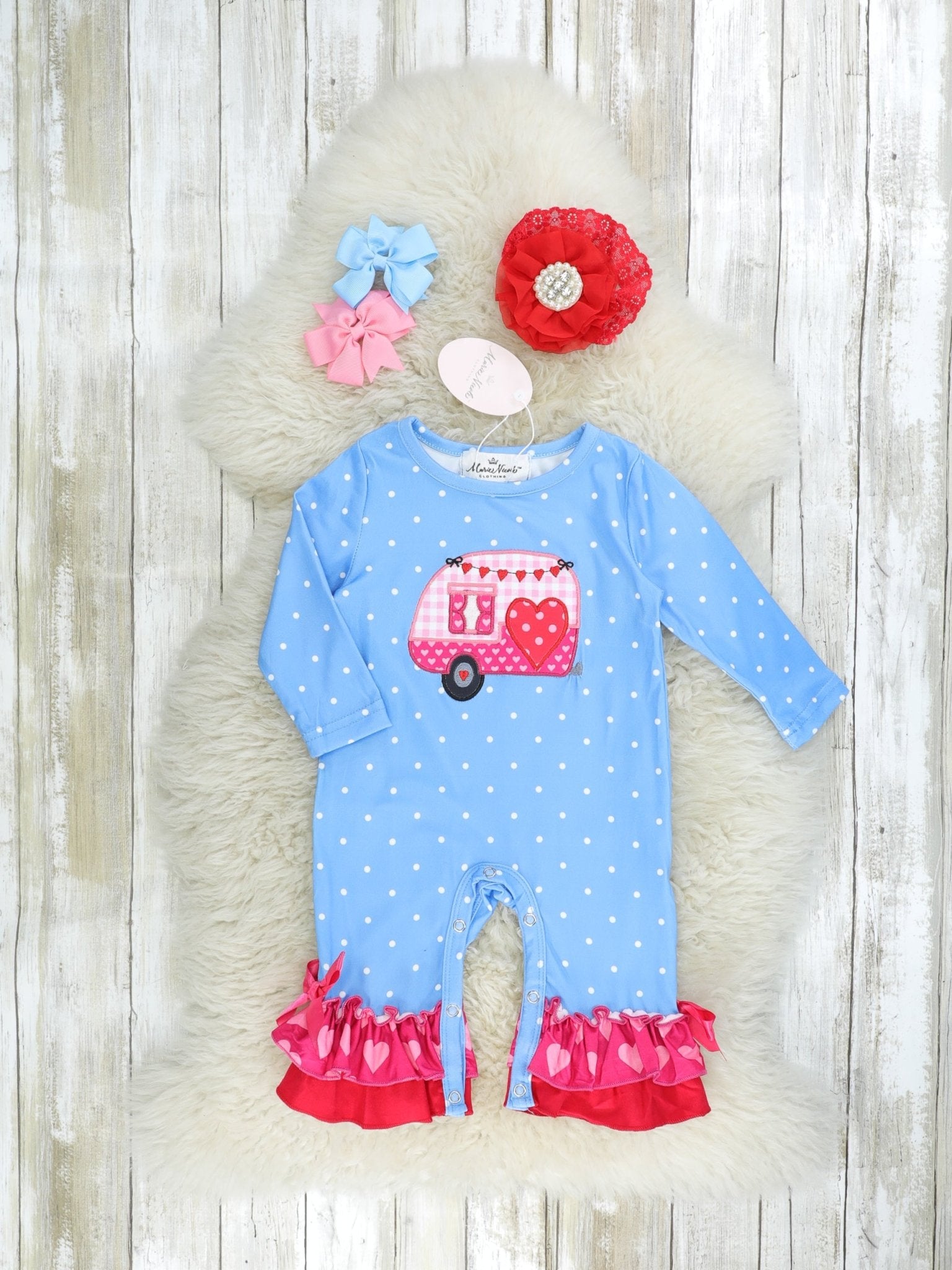 Pink Gingham Heart Camper Ruffle Romper - Marie Nicole Clothing