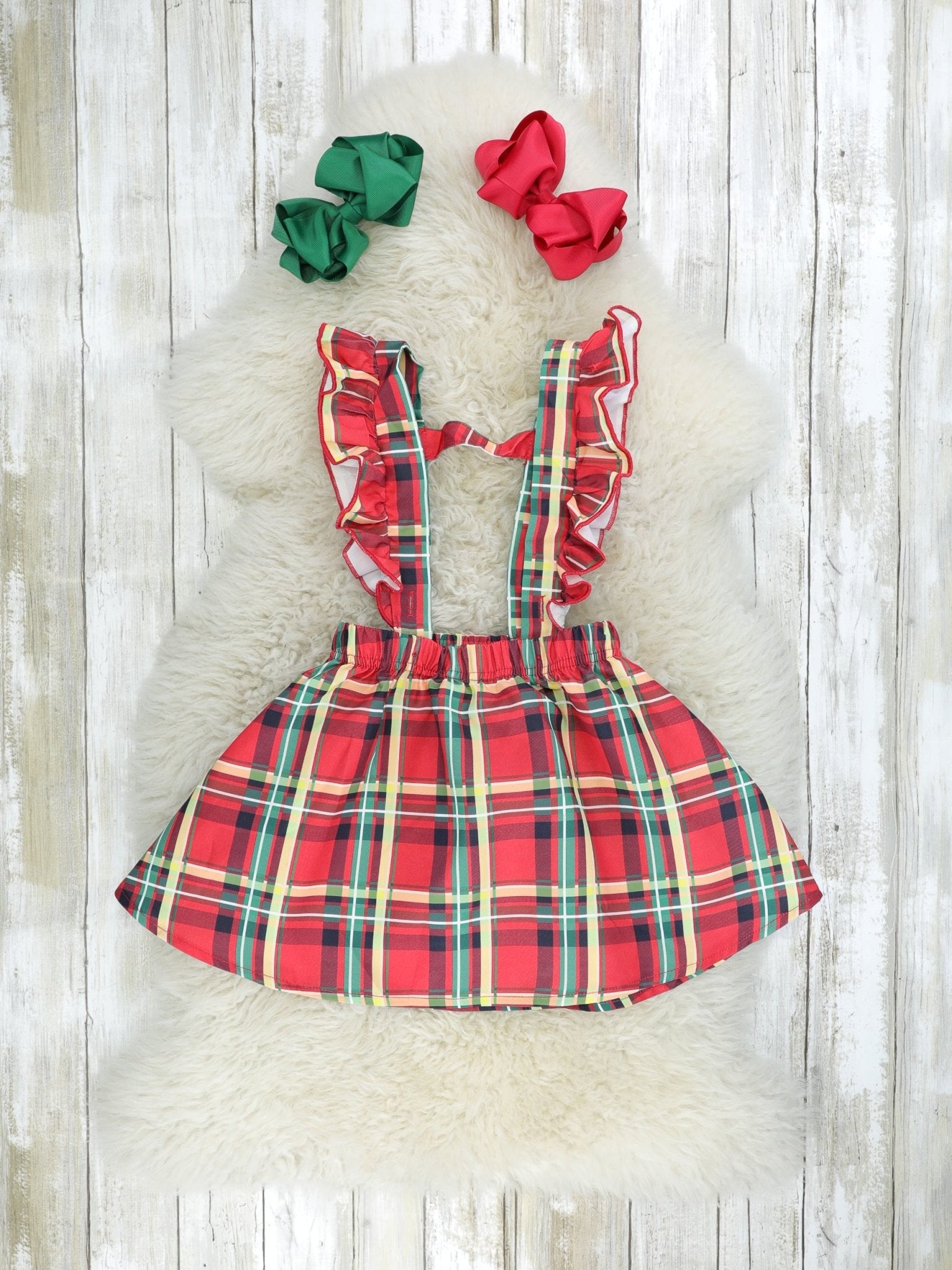 Red & Yellow Plaid Overall Dress Set - Marie Nicole Clothing