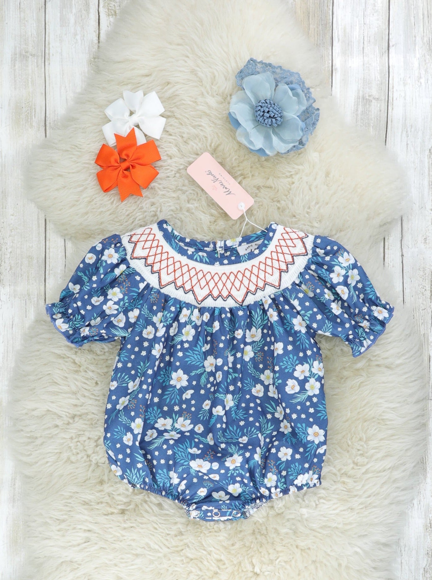 Navy Smocked Anemone Romper - Marie Nicole Clothing