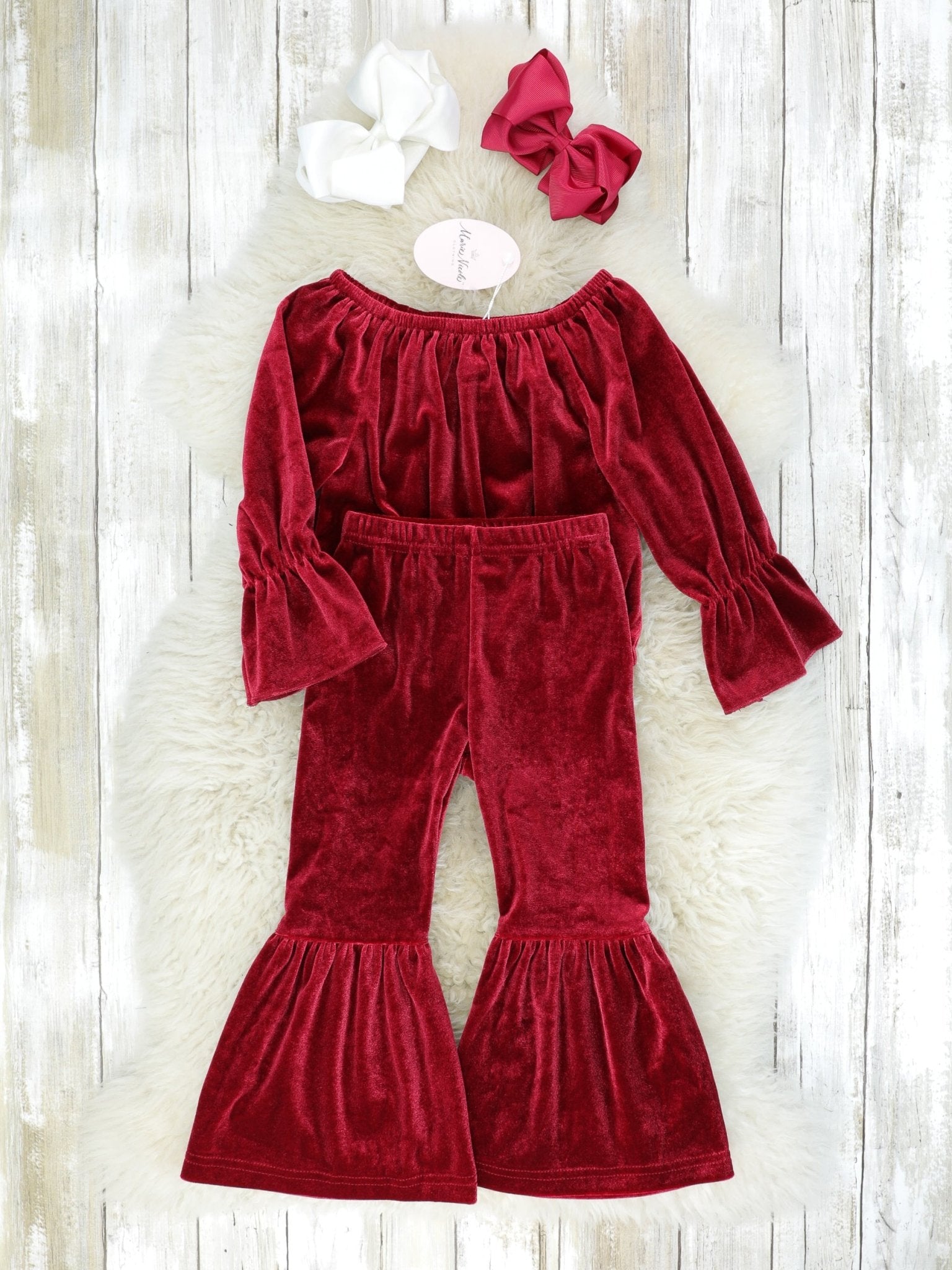 Ruby Red Velvet Top & Bell Bottoms Outfit - Marie Nicole Clothing