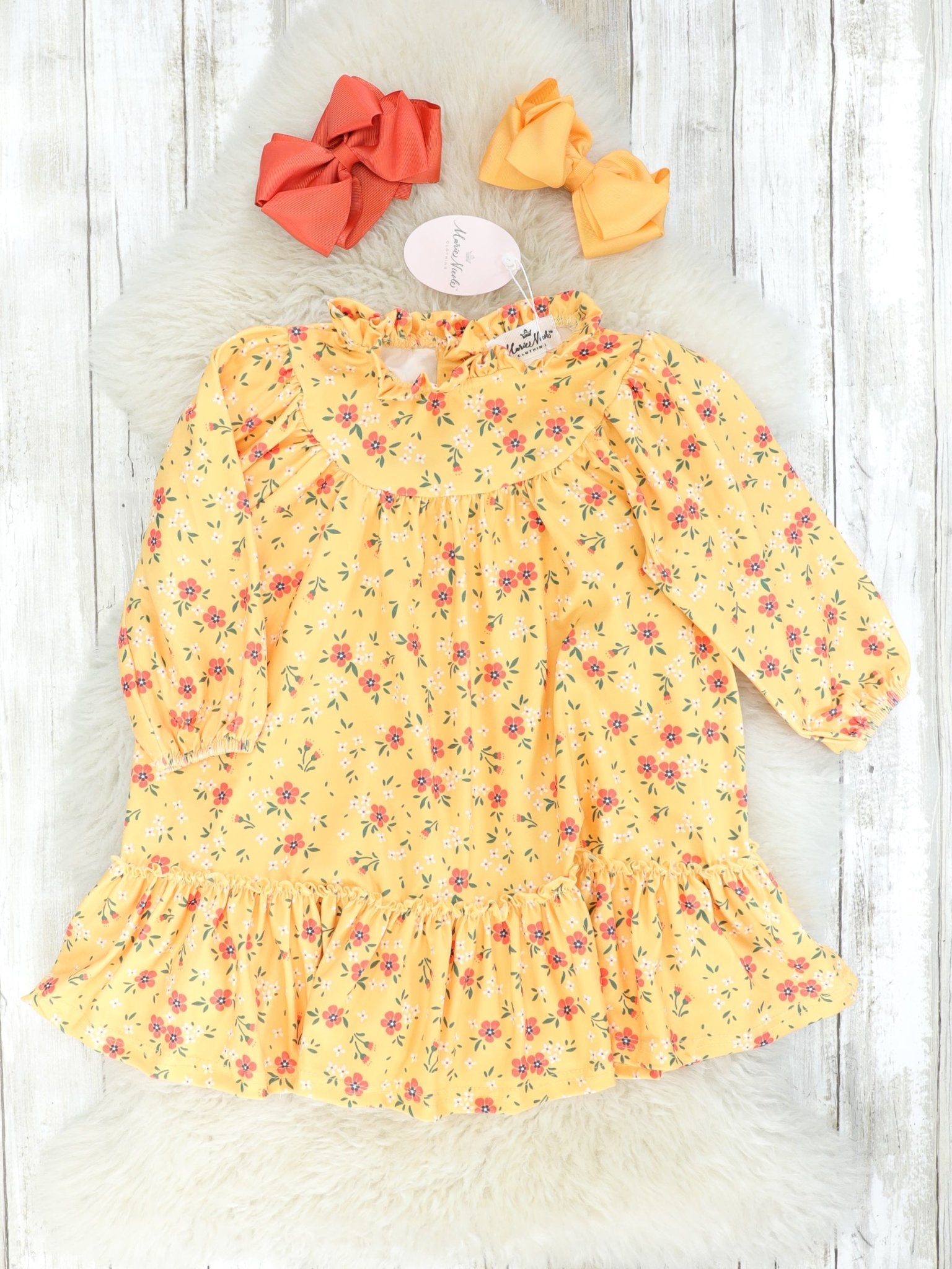 Yellow Poppy Mock Neck Ruffle Dress - Marie Nicole Clothing