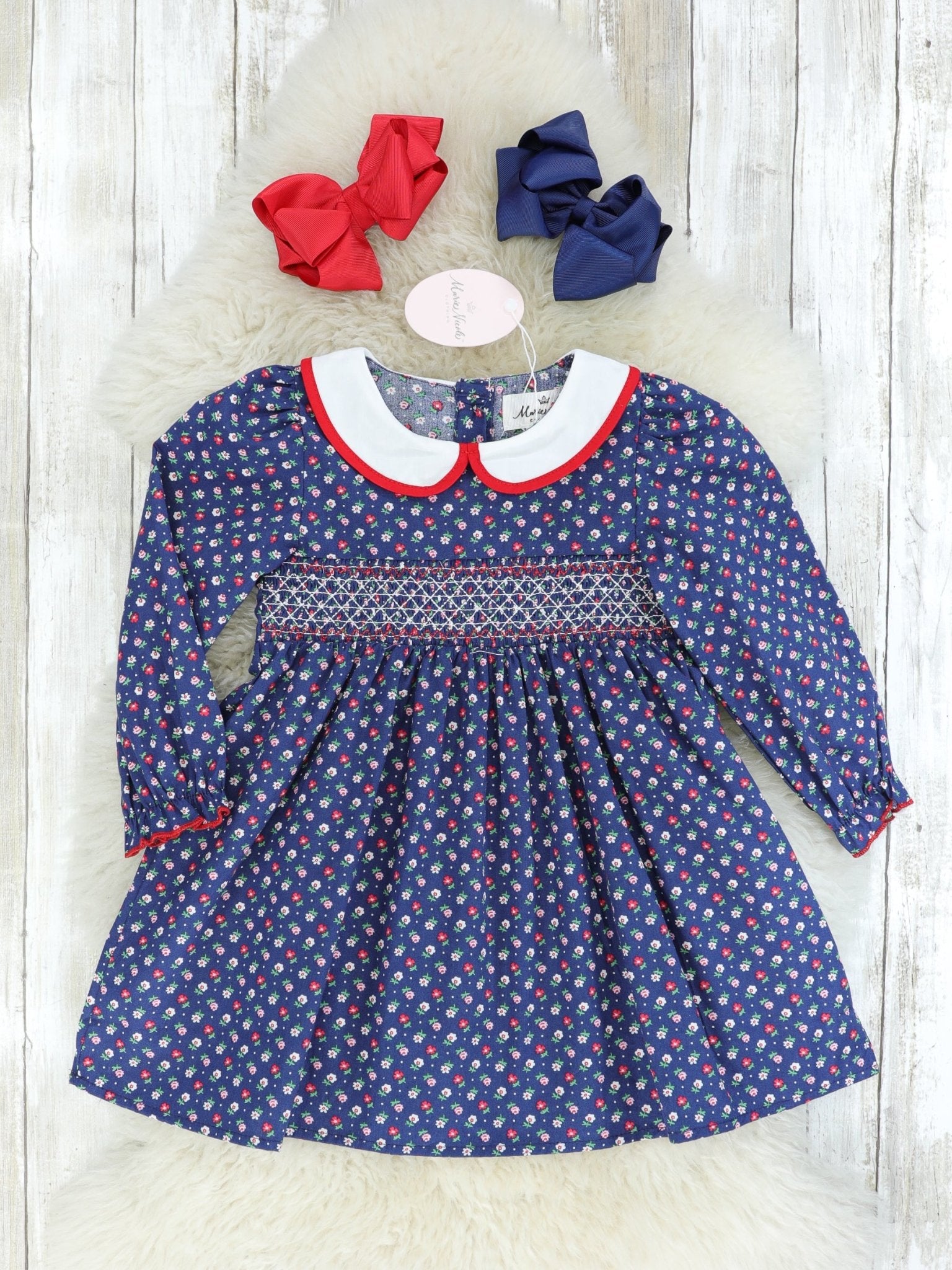 Navy Vintage Floral Smocked Dress - Marie Nicole Clothing