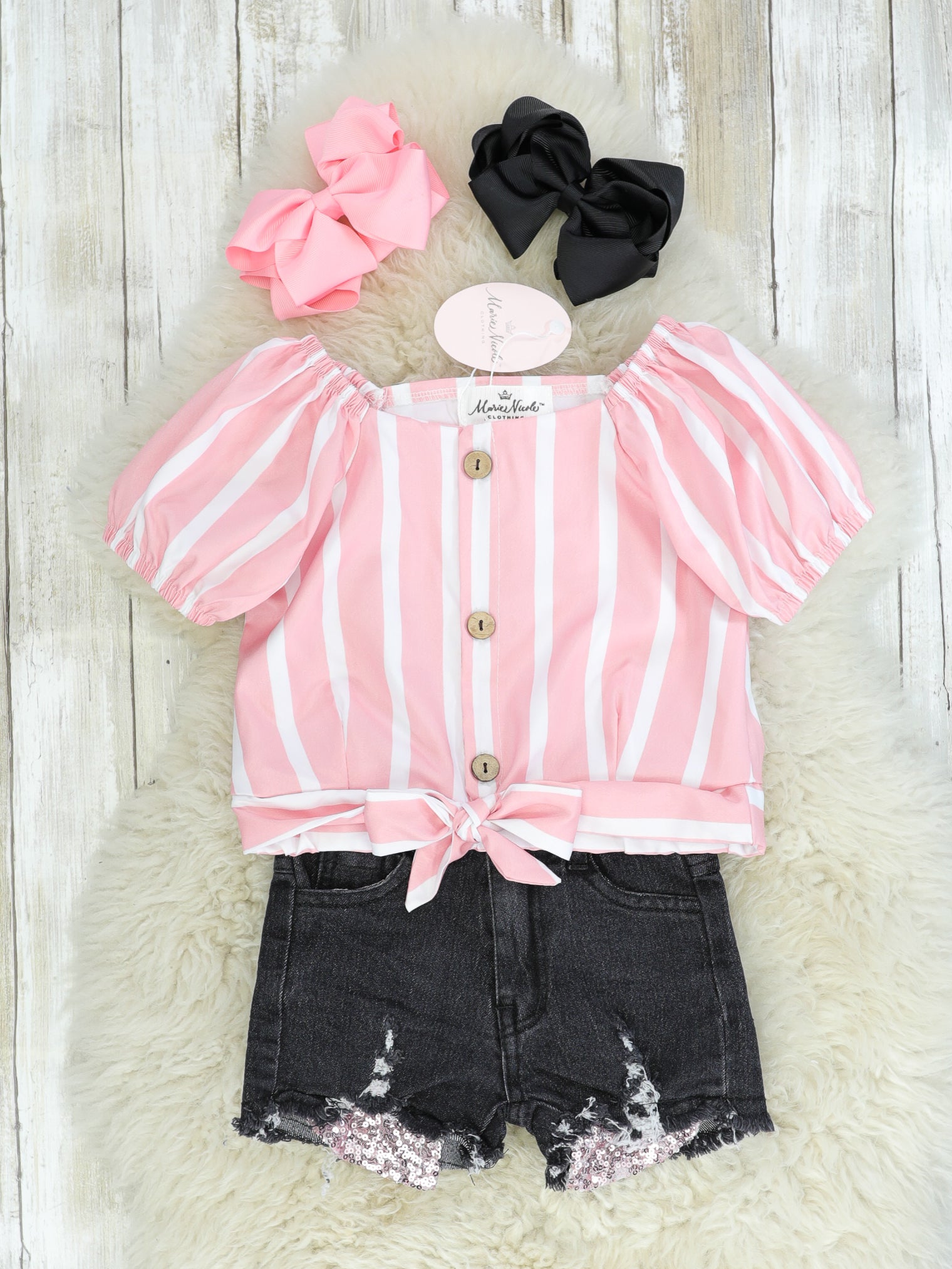 Pink Striped Top & Denim Shorts Outfit - Marie Nicole Clothing
