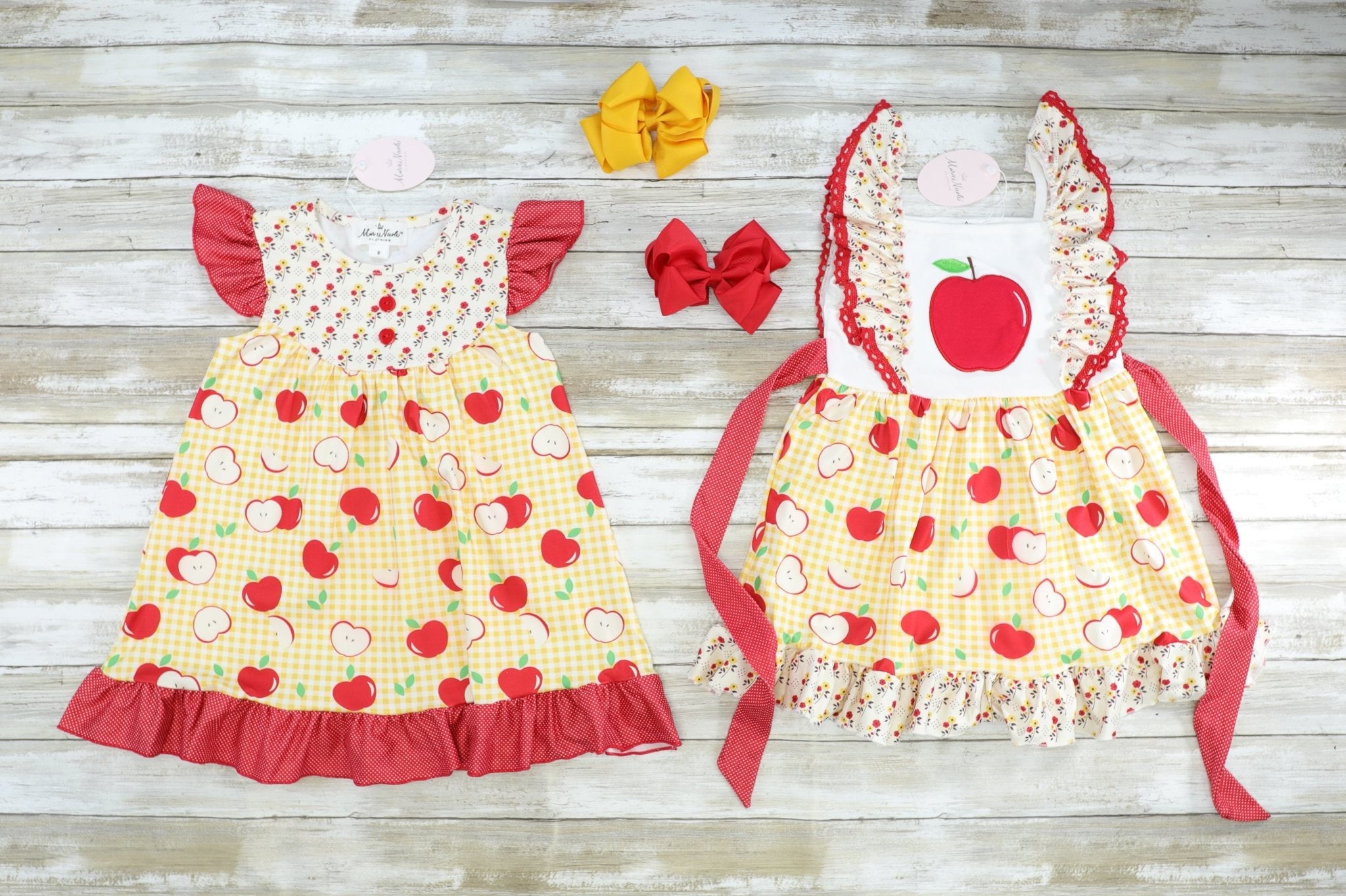 Red & Yellow Apple Flutter Sleeve Ruffle Dress - Marie Nicole Clothing