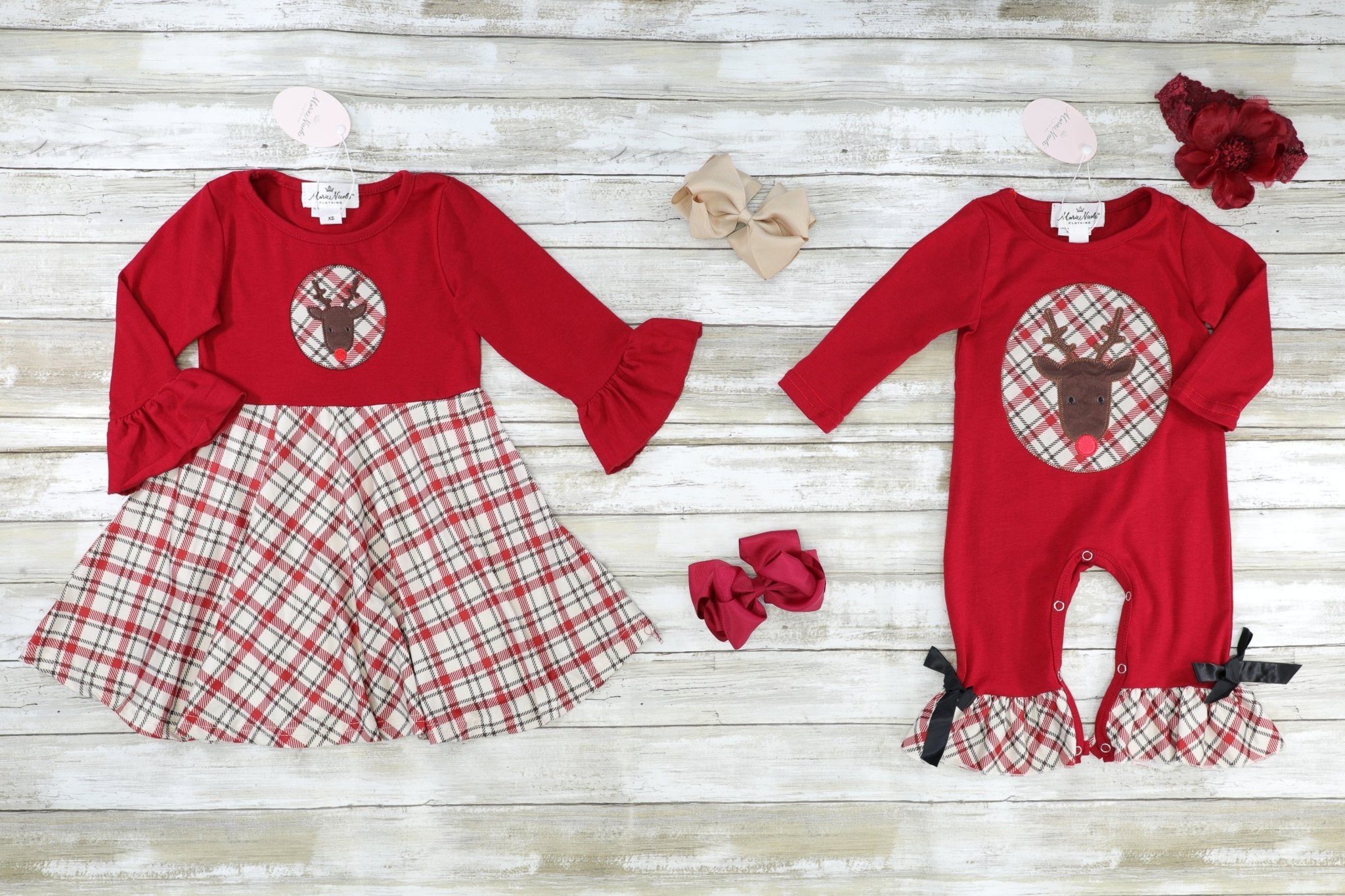 Red Plaid Reindeer Ruffle Dress - Marie Nicole Clothing