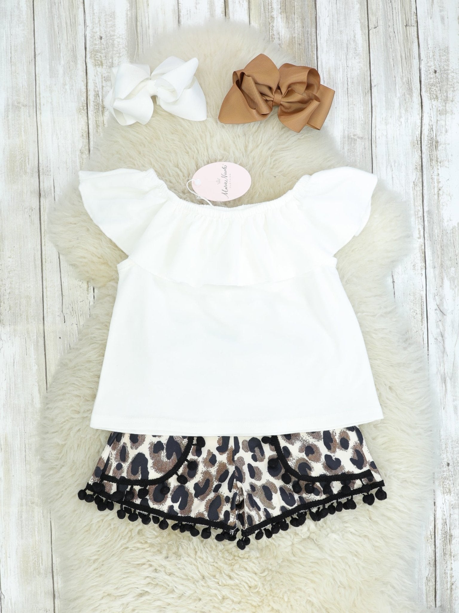 White Ruffle Top & Leopard Shorts Outfit - Marie Nicole Clothing