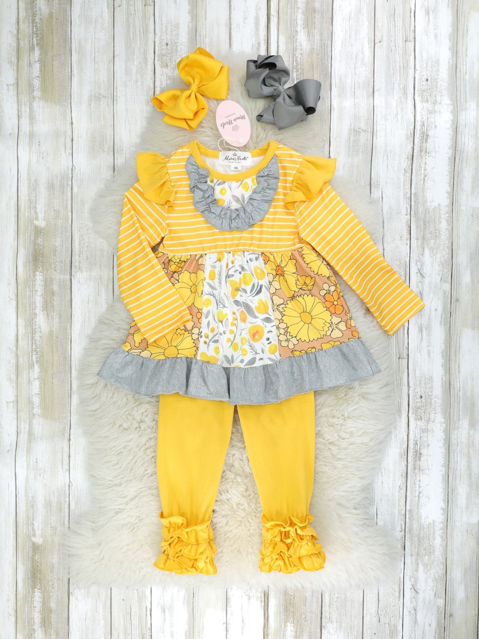 Mustard Floral Raglan Tunic & Icing Ruffle Leggings Outfit - Marie Nicole Clothing