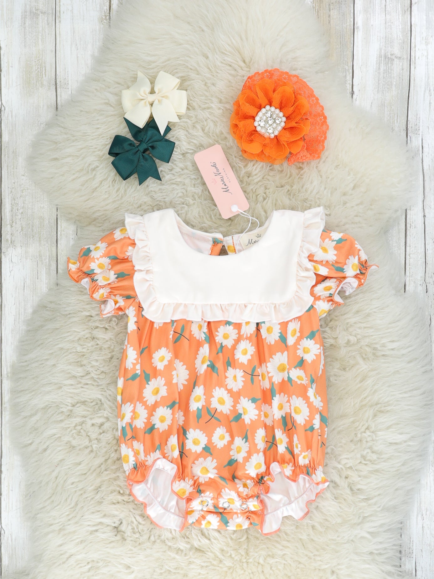 Orange Daisy Bib Collar Bubble Romper - Marie Nicole Clothing