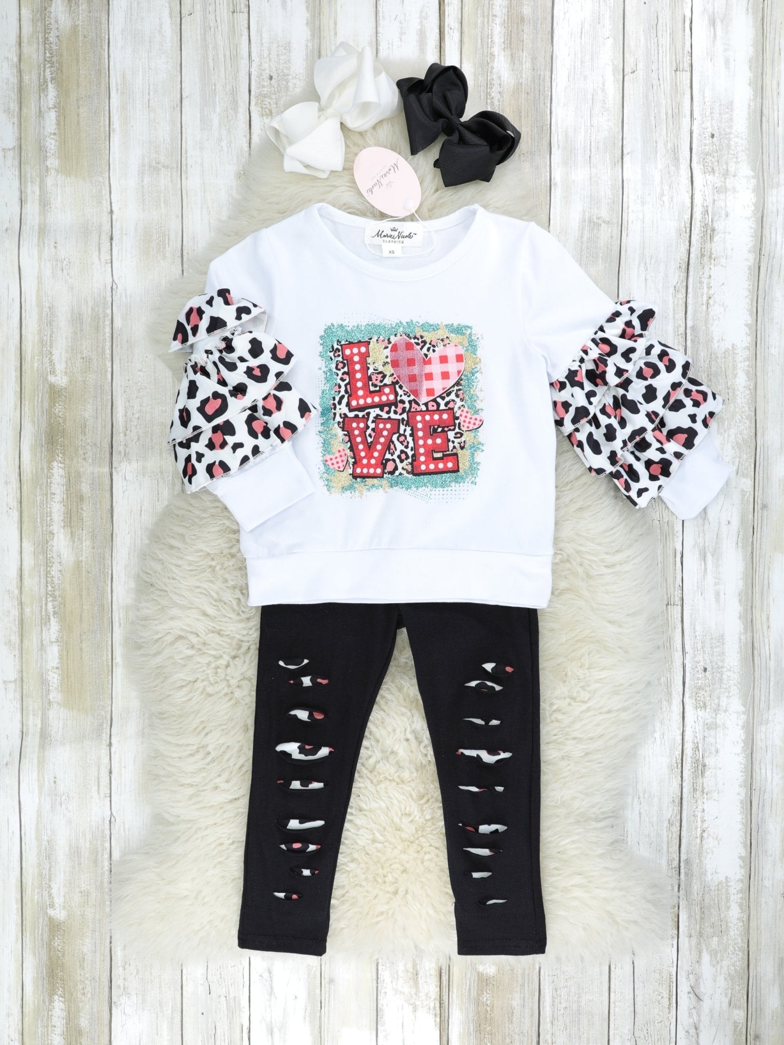Leopard "LOVE" Ruffle Top & Distressed Bottoms Outfit - Marie Nicole Clothing