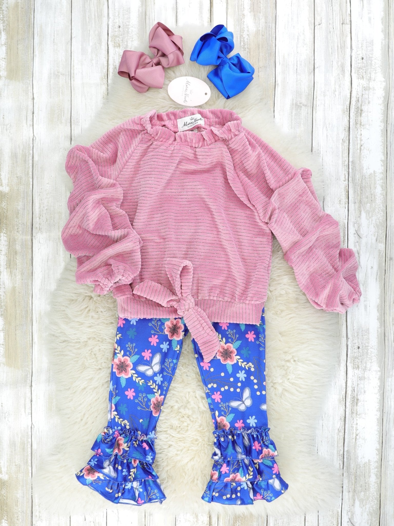 Fuchsia Velvet Tie Top & Floral Ruffle Bottoms Outfit - Marie Nicole Clothing