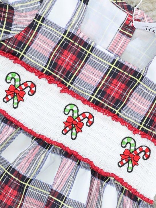 Red Smocked Plaid Candycane Dress - Marie Nicole Clothing