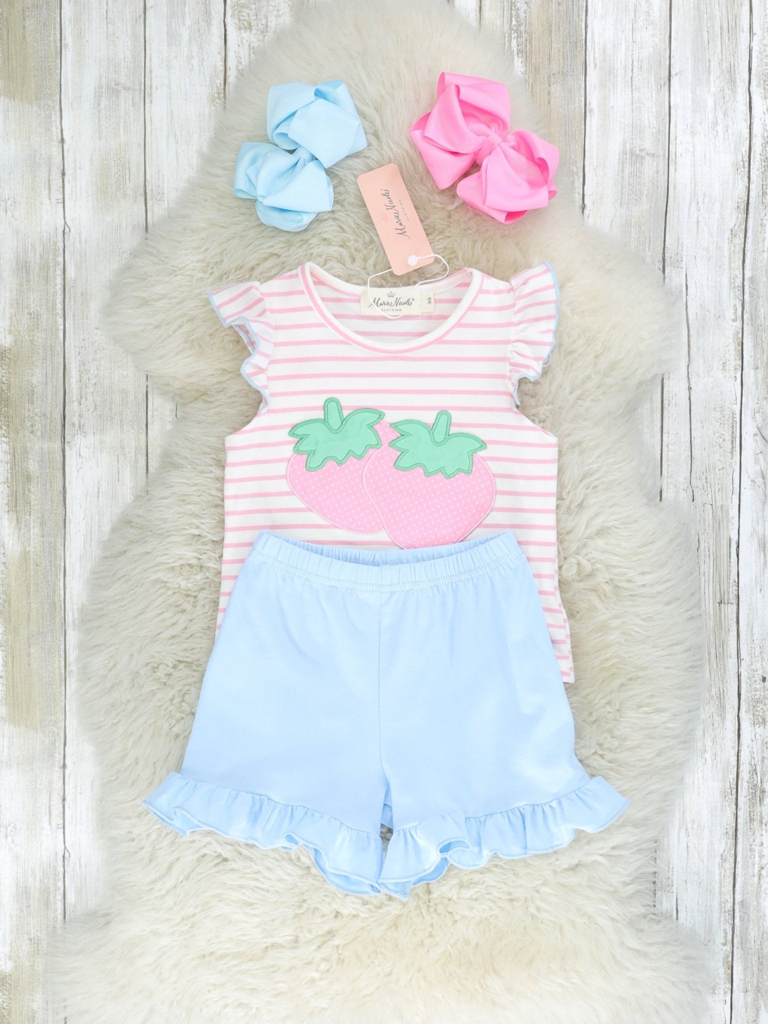 Pink & Blue Striped Strawberry Ruffle Outfit - Marie Nicole Clothing