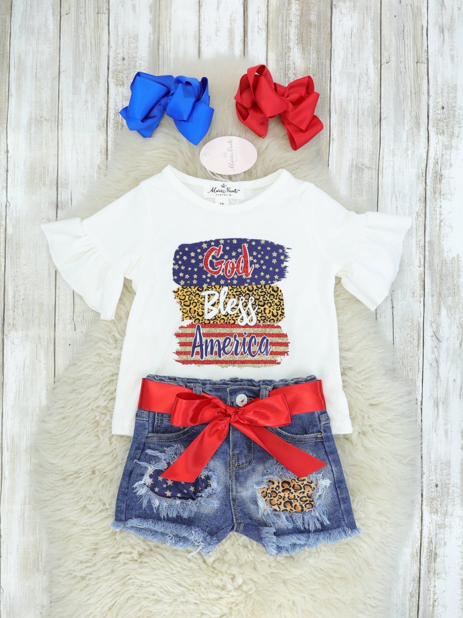 "God Bless America" Ruffle Top & Distressed Denim Outfit - Marie Nicole Clothing