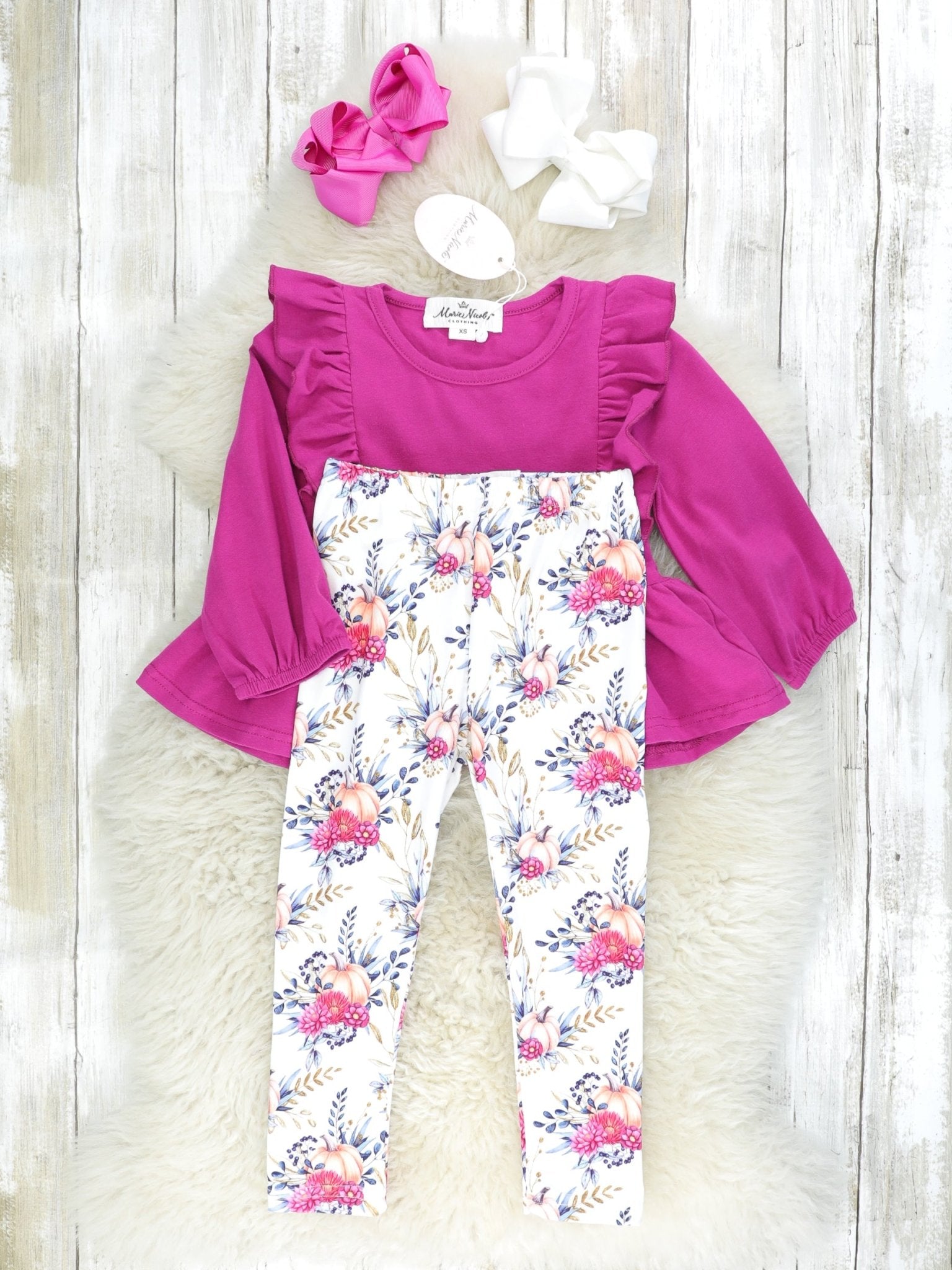 Dark Magenta Floral Pumpkin Ruffle Outfit - Marie Nicole Clothing