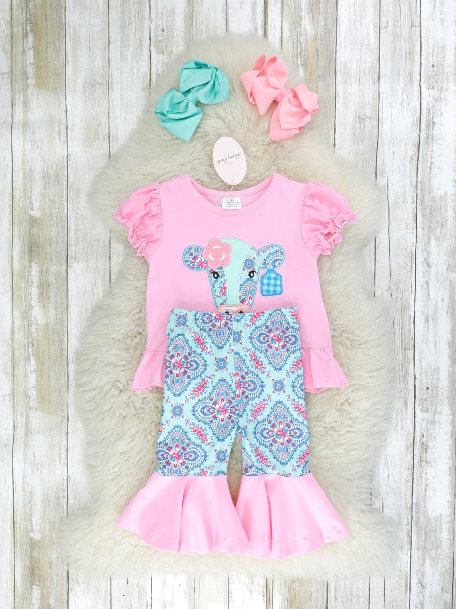 Pink & Blue Boho Cow Bell Bottom Outfit - Marie Nicole Clothing