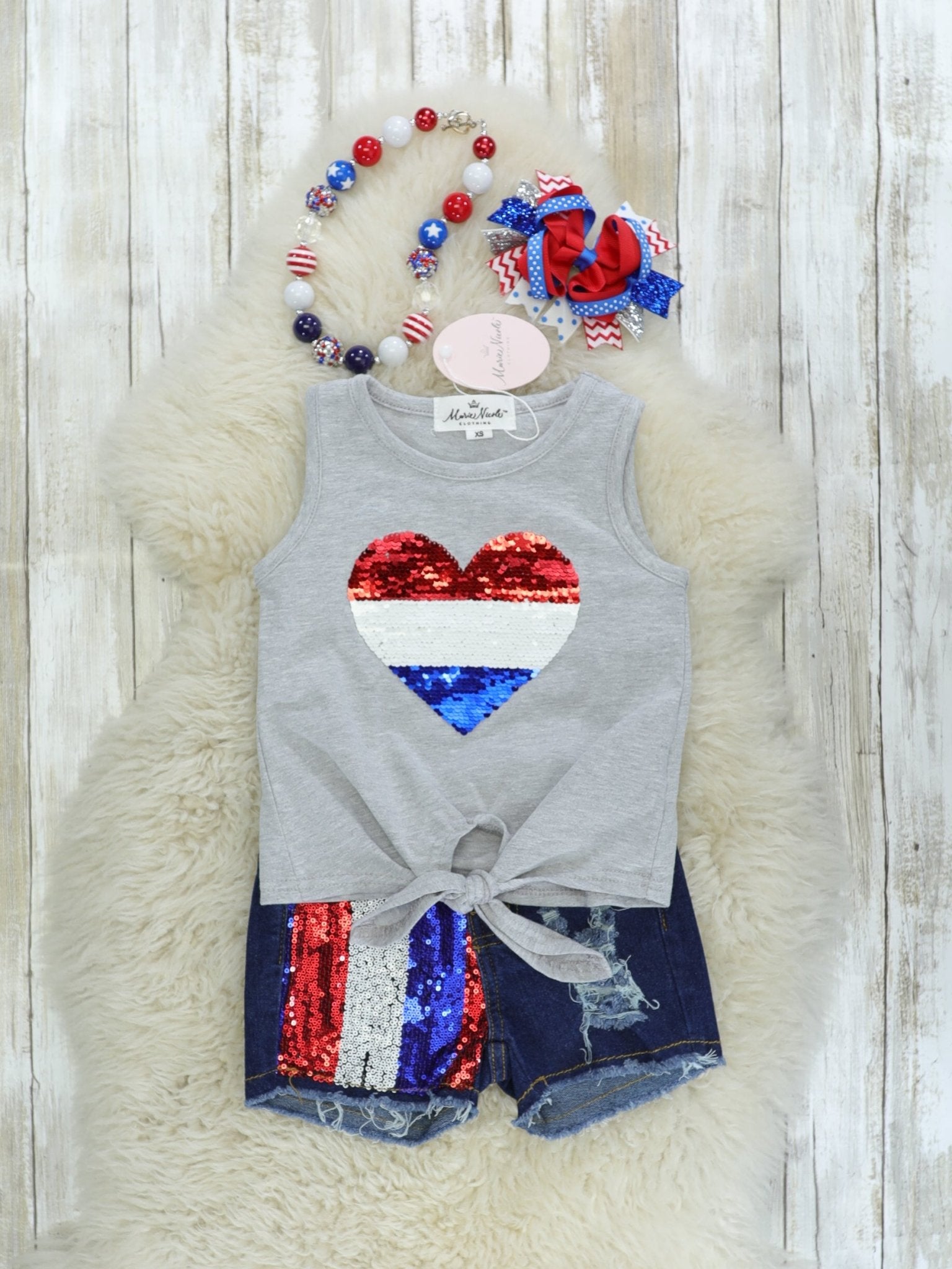 Red, White, & Blue Sequin Heart Tie Tank Denim Shorts Outfit - Marie Nicole Clothing