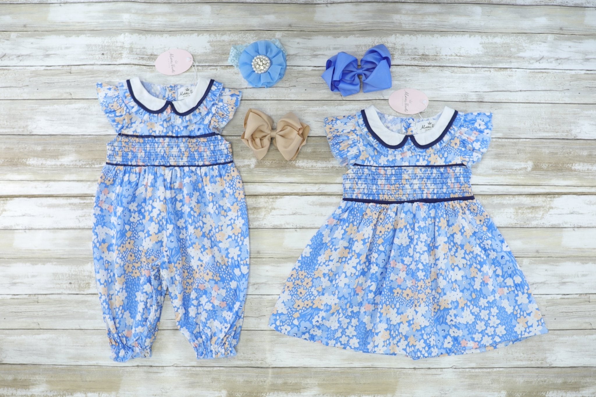 Smocked Blue Floral Romper - Marie Nicole Clothing