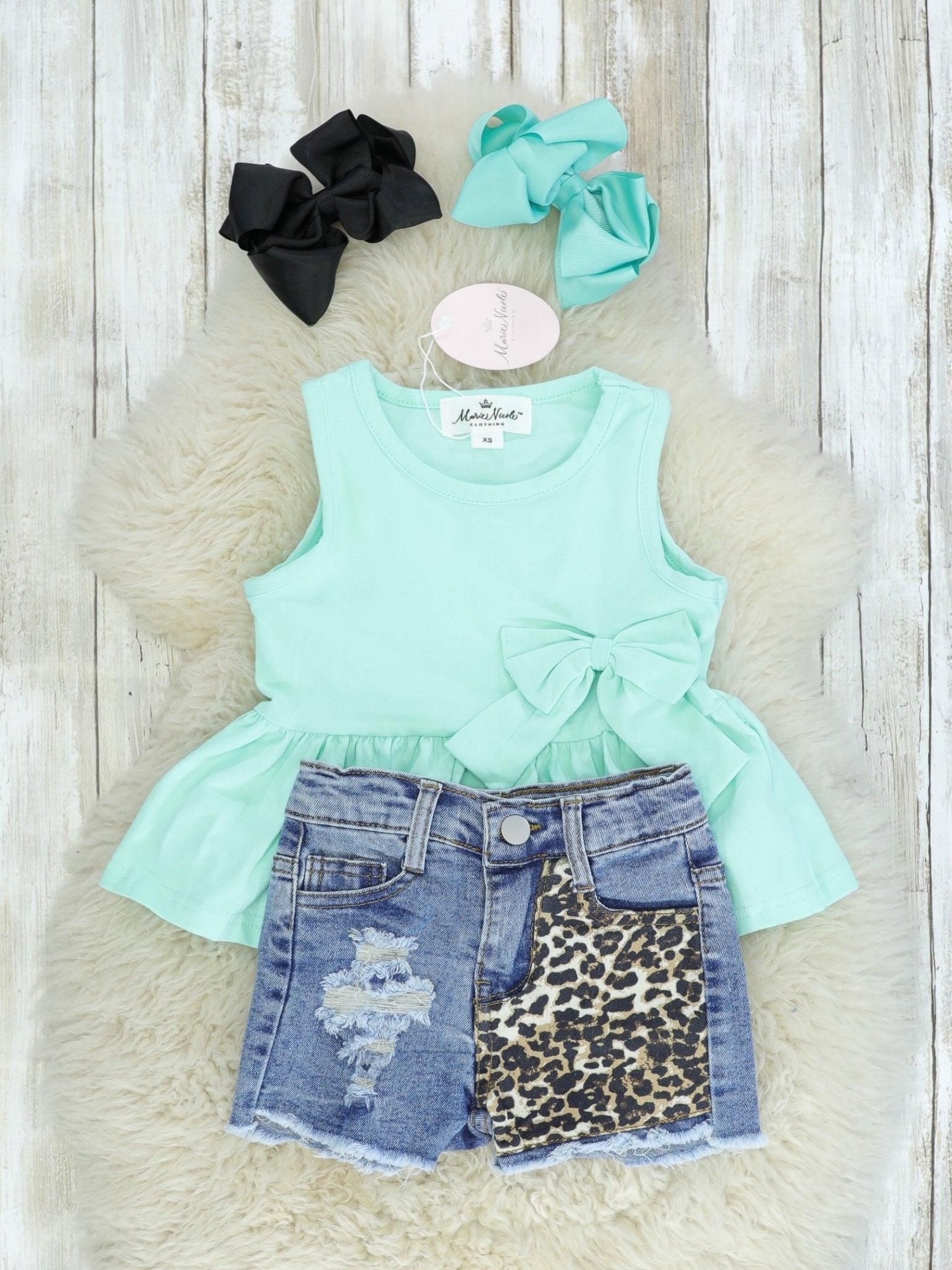 Mint Bow Tank & Distressed Leopard Denim Outfit - Marie Nicole Clothing