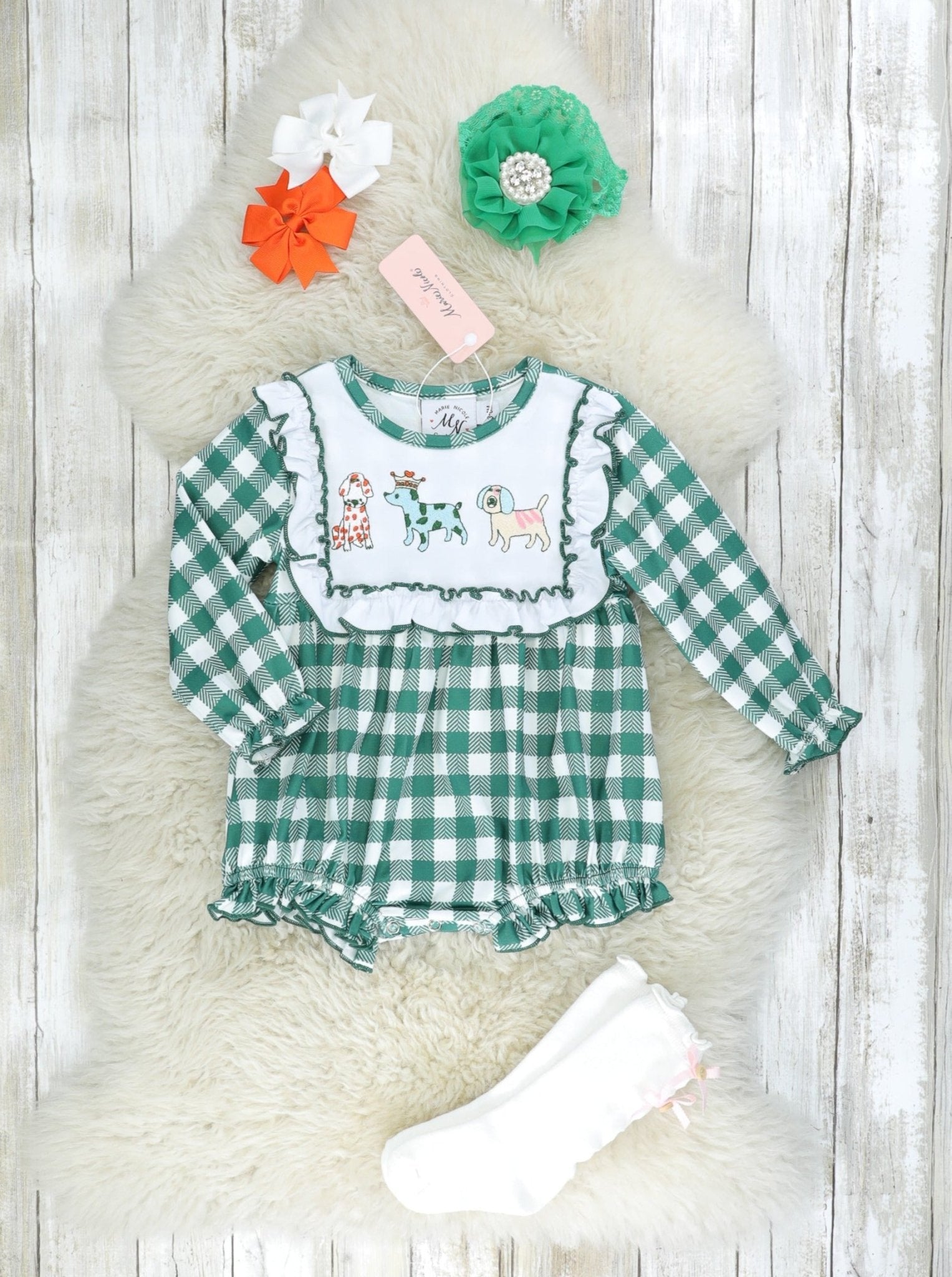 MNC Royal Pups™ Green Gingham Ruffle Romper - Marie Nicole Clothing