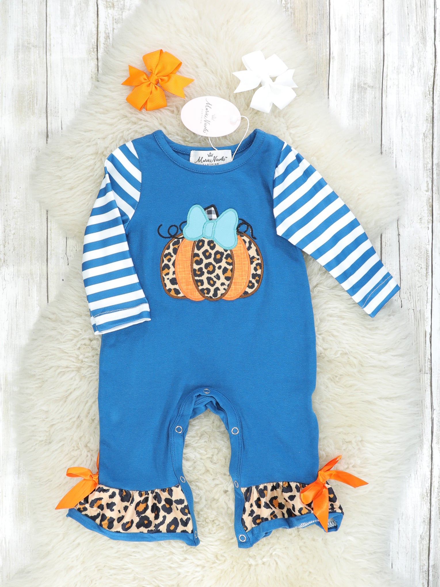 Teal Leopard Pumpkin Ruffle Romper - Marie Nicole Clothing