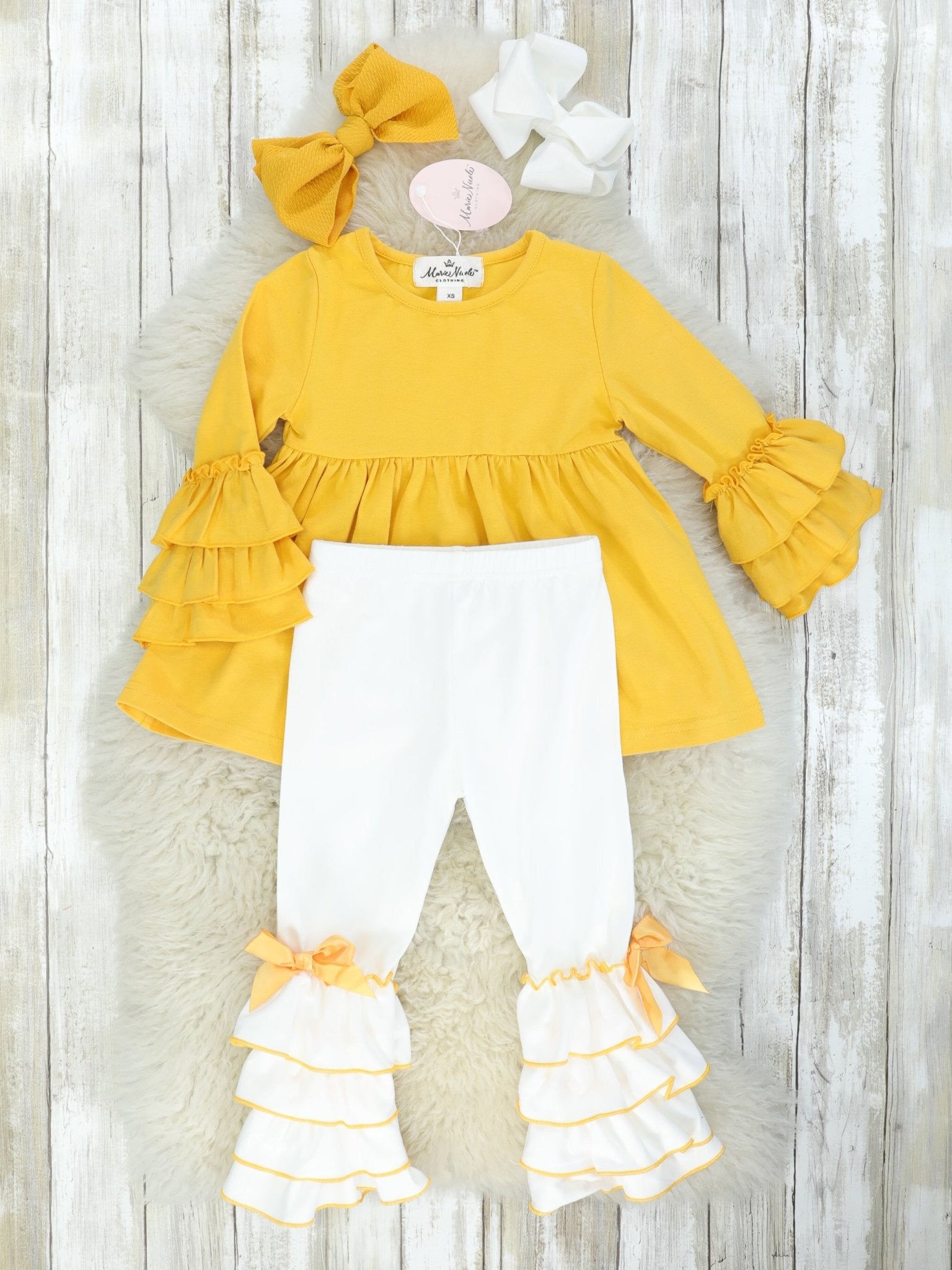 Mustard Ruffle Sleeve Peplum Top & White Bottoms Outfit - Marie Nicole Clothing