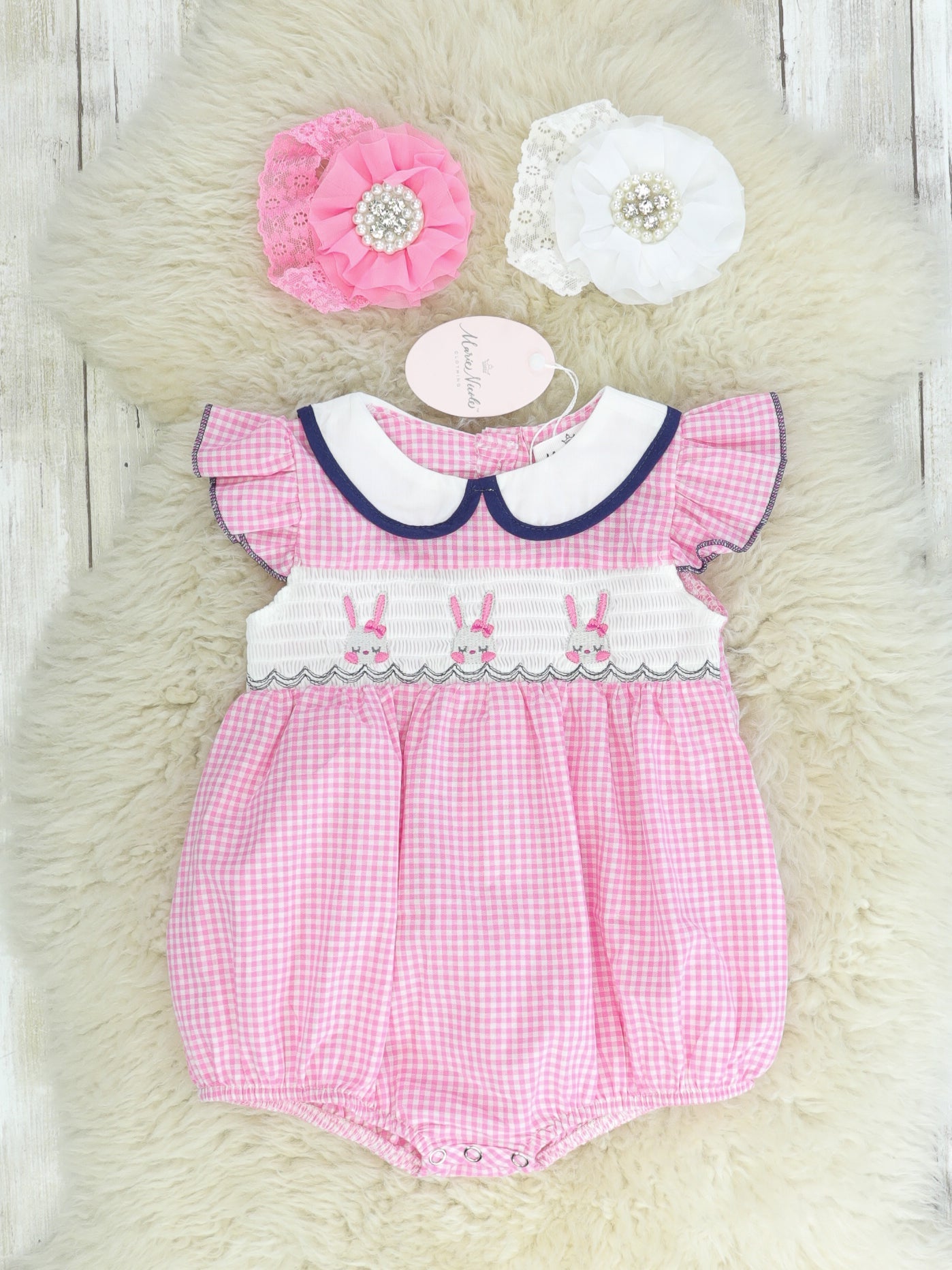 Three Easter Bunny Smocked Ruffle Bubble Romper - Marie Nicole Clothing
