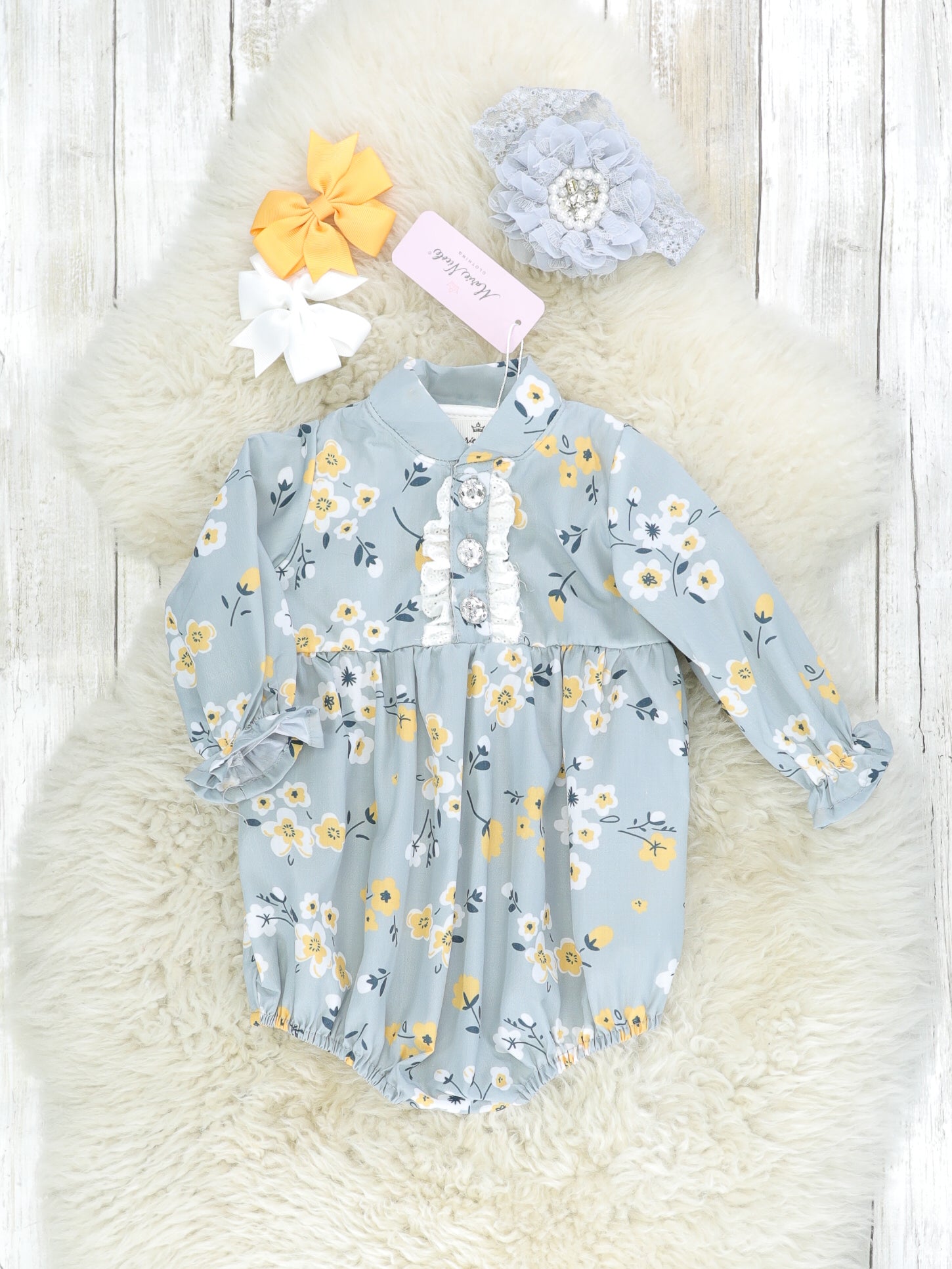 Light Grey & Yellow Floral Ruffle Romper - Marie Nicole Clothing