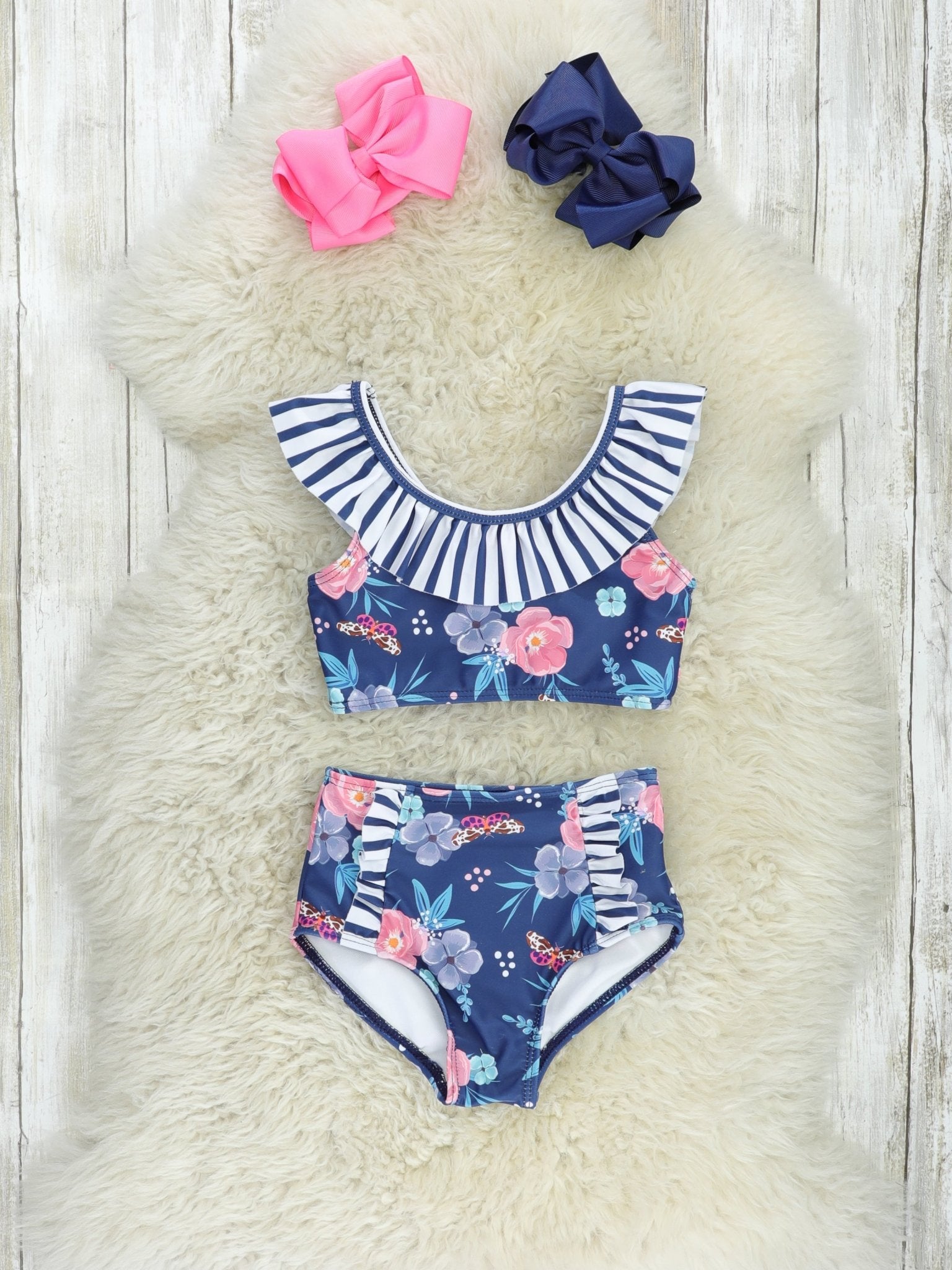 Mom & Me Navy Striped Floral Swimsuits - Marie Nicole Clothing