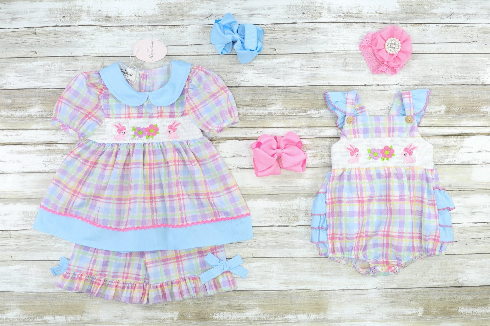 Plaid Pastel Smocked Bunnies Outfit - Marie Nicole Clothing