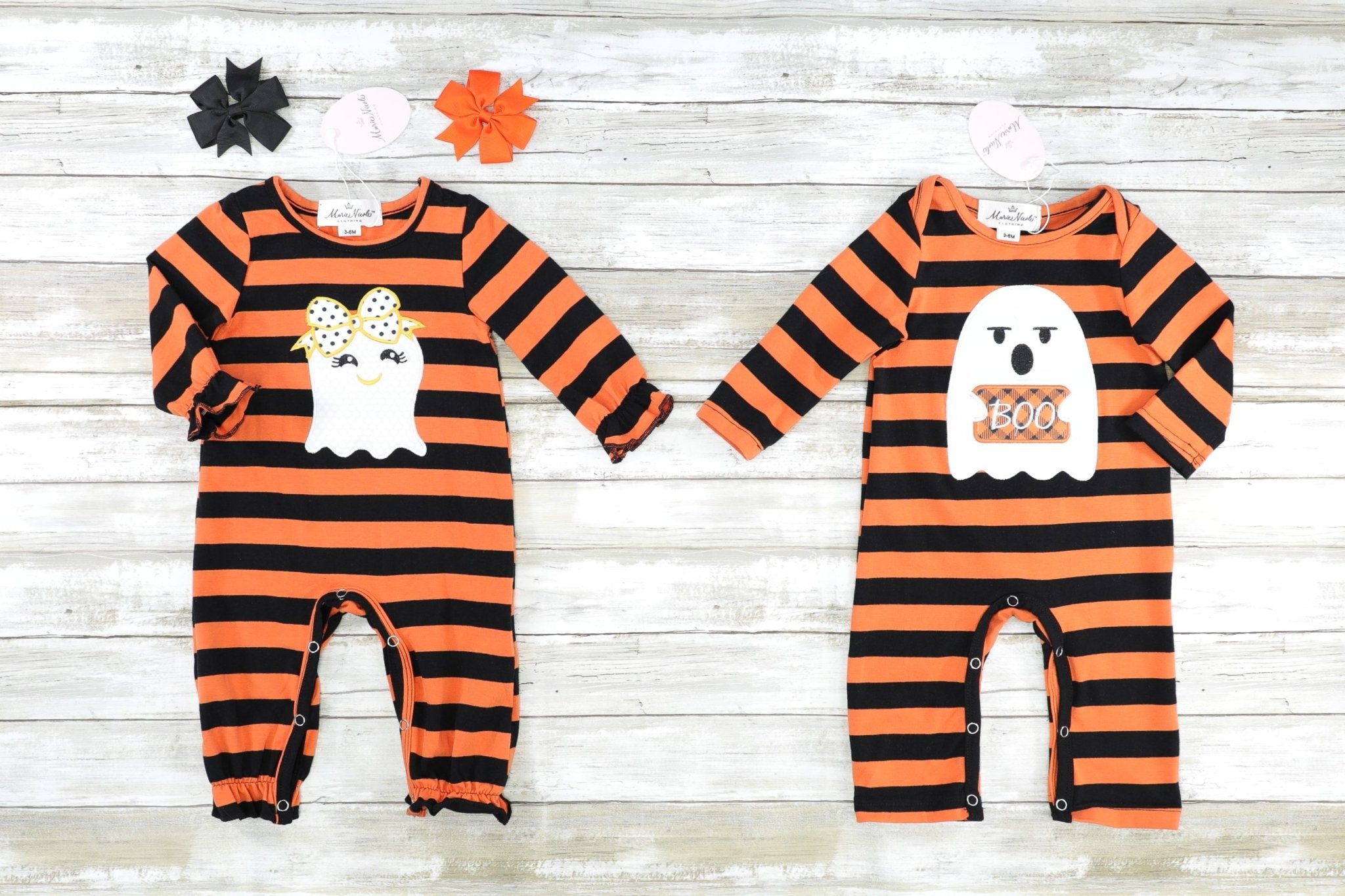 Orange Striped Bow Ghost Ruffle Romper - Marie Nicole Clothing
